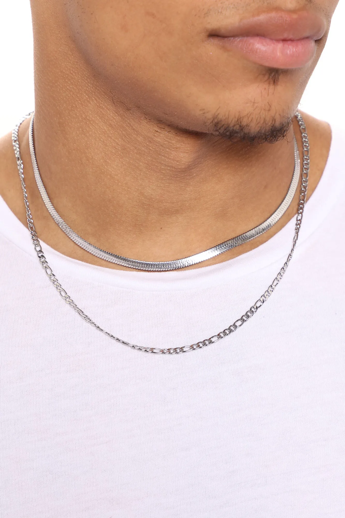 2 Piece Figaro And Herringbone Chain Set - Silver