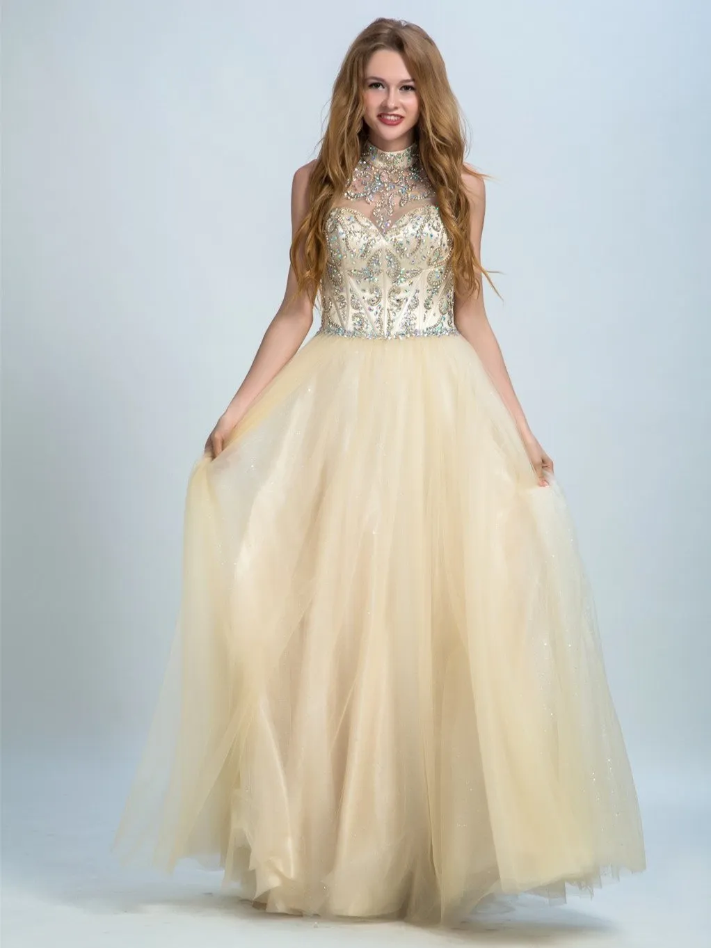 A-line Halter Floor-Length Tulle Rhine Stone  Prom Dresses 2916