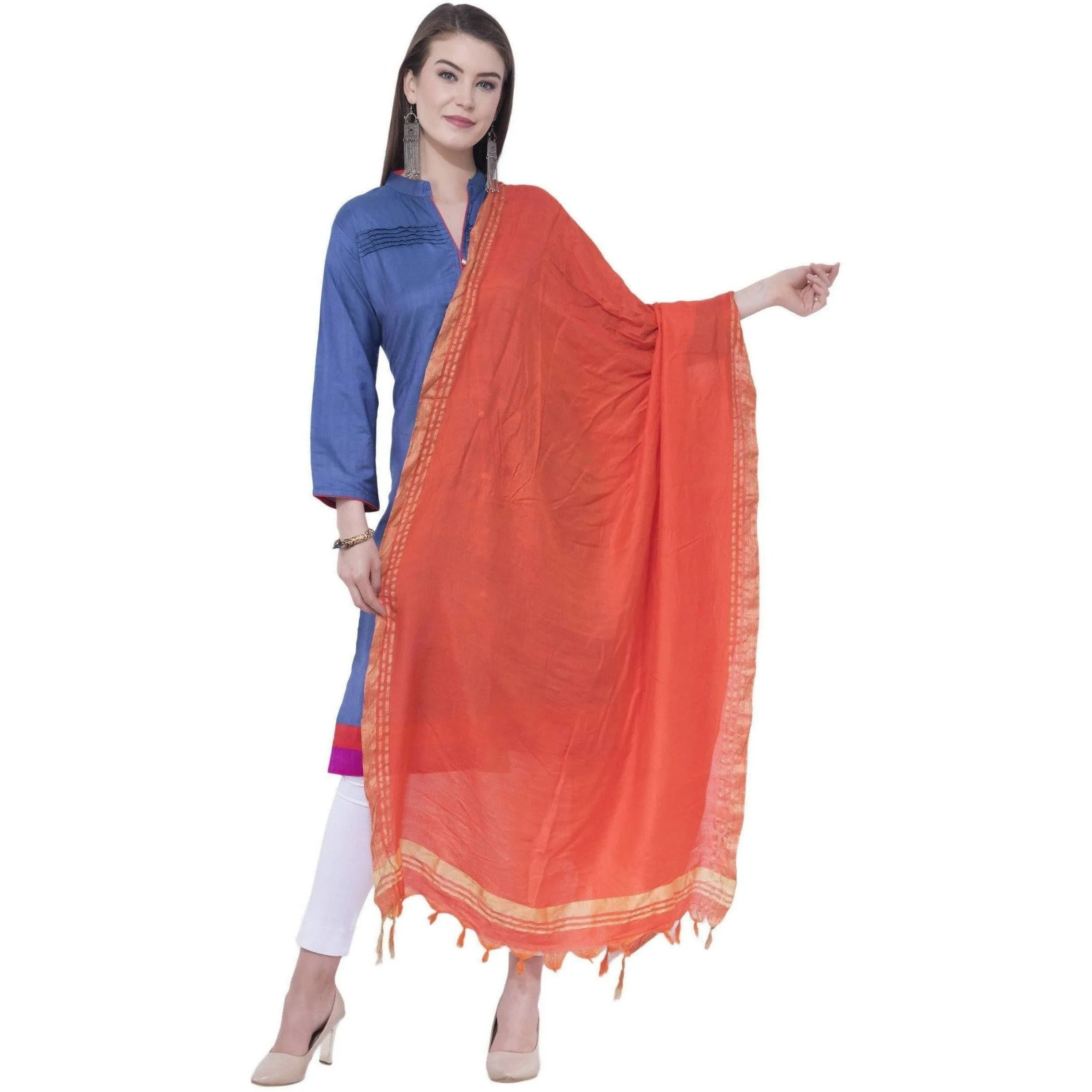 A R Silk Orange Color Golden border Cotton Dupattas & Chunnis