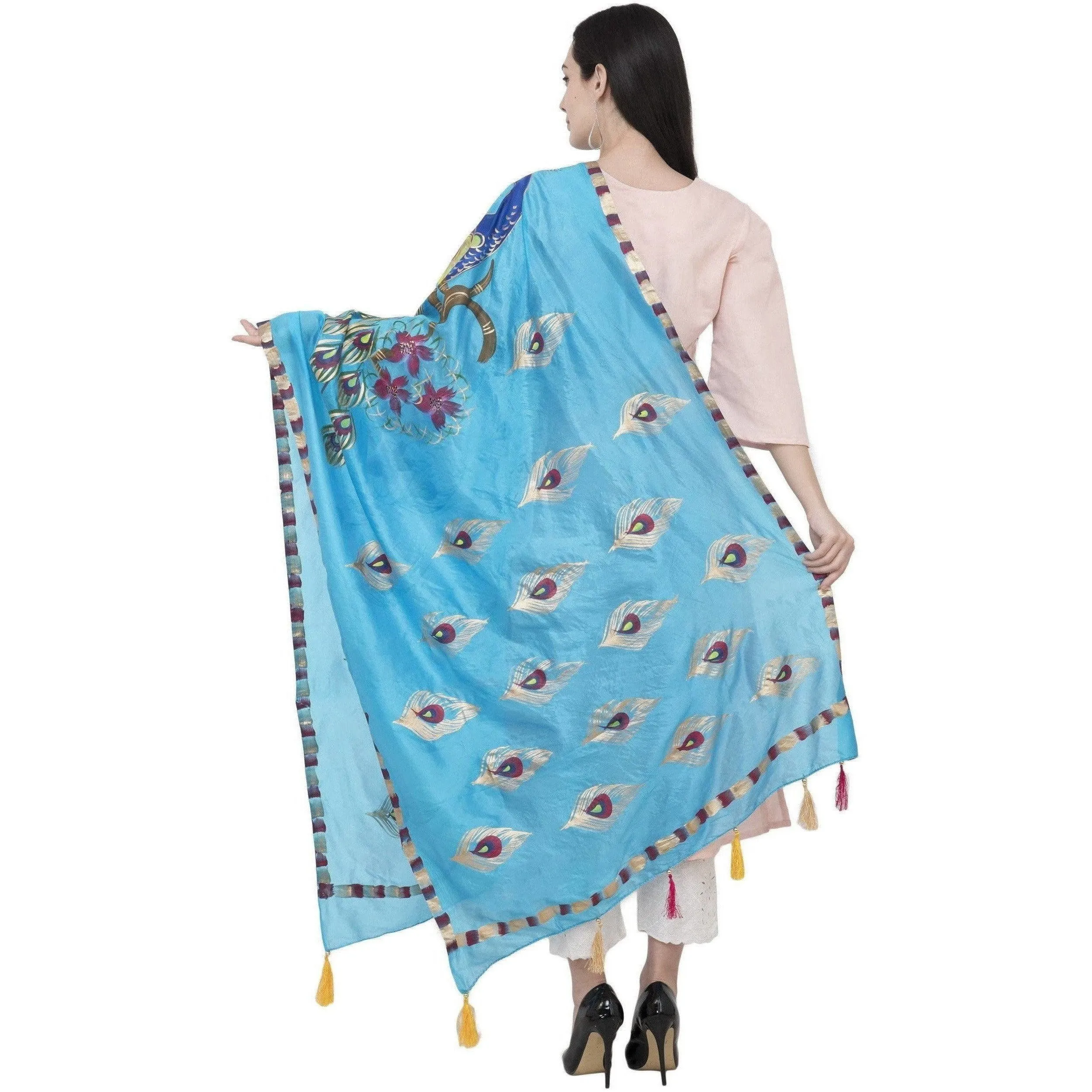 A R Silk Silk Peacock Multi Fancy Dupatta Color Firozi Dupatta or Chunni