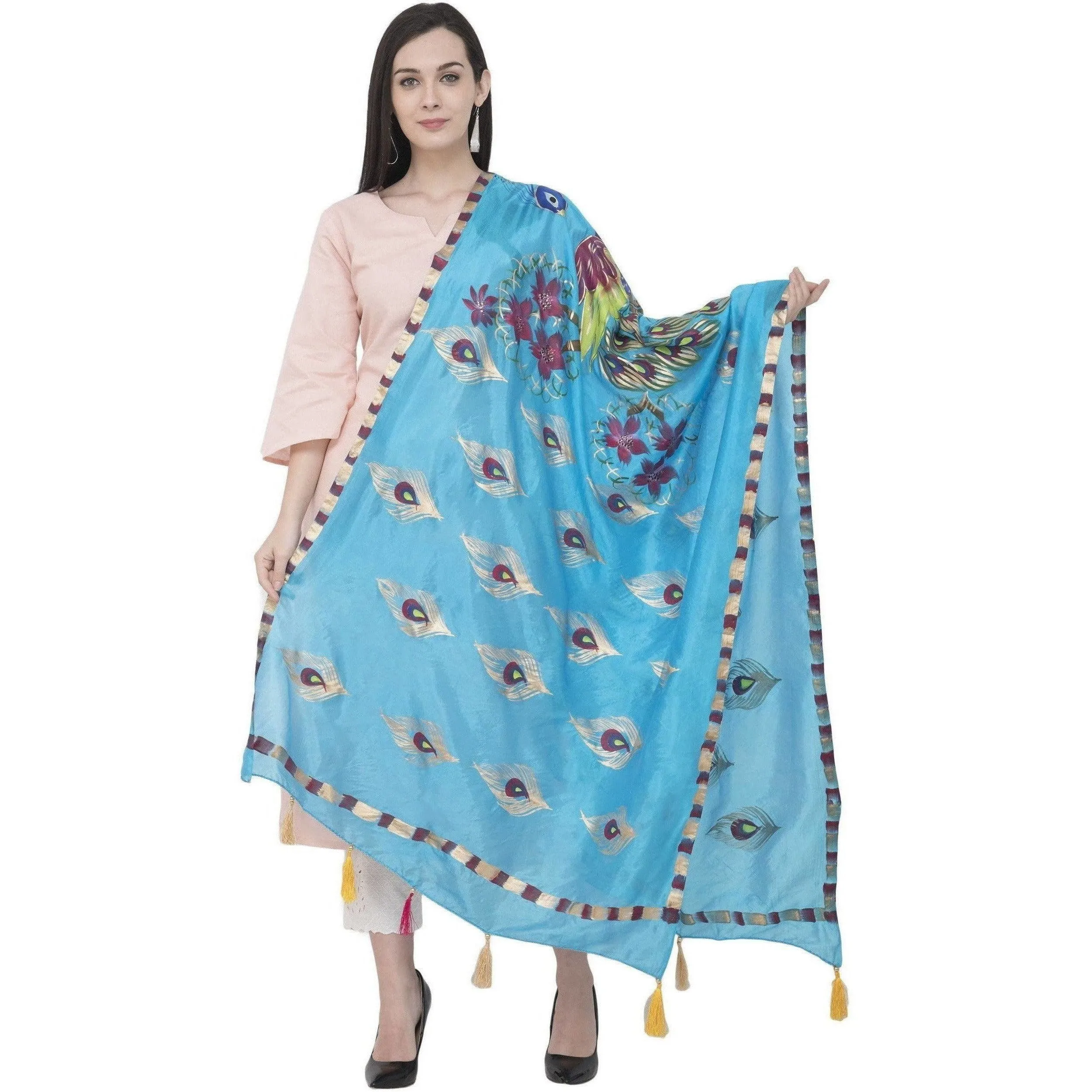 A R Silk Silk Peacock Multi Fancy Dupatta Color Firozi Dupatta or Chunni