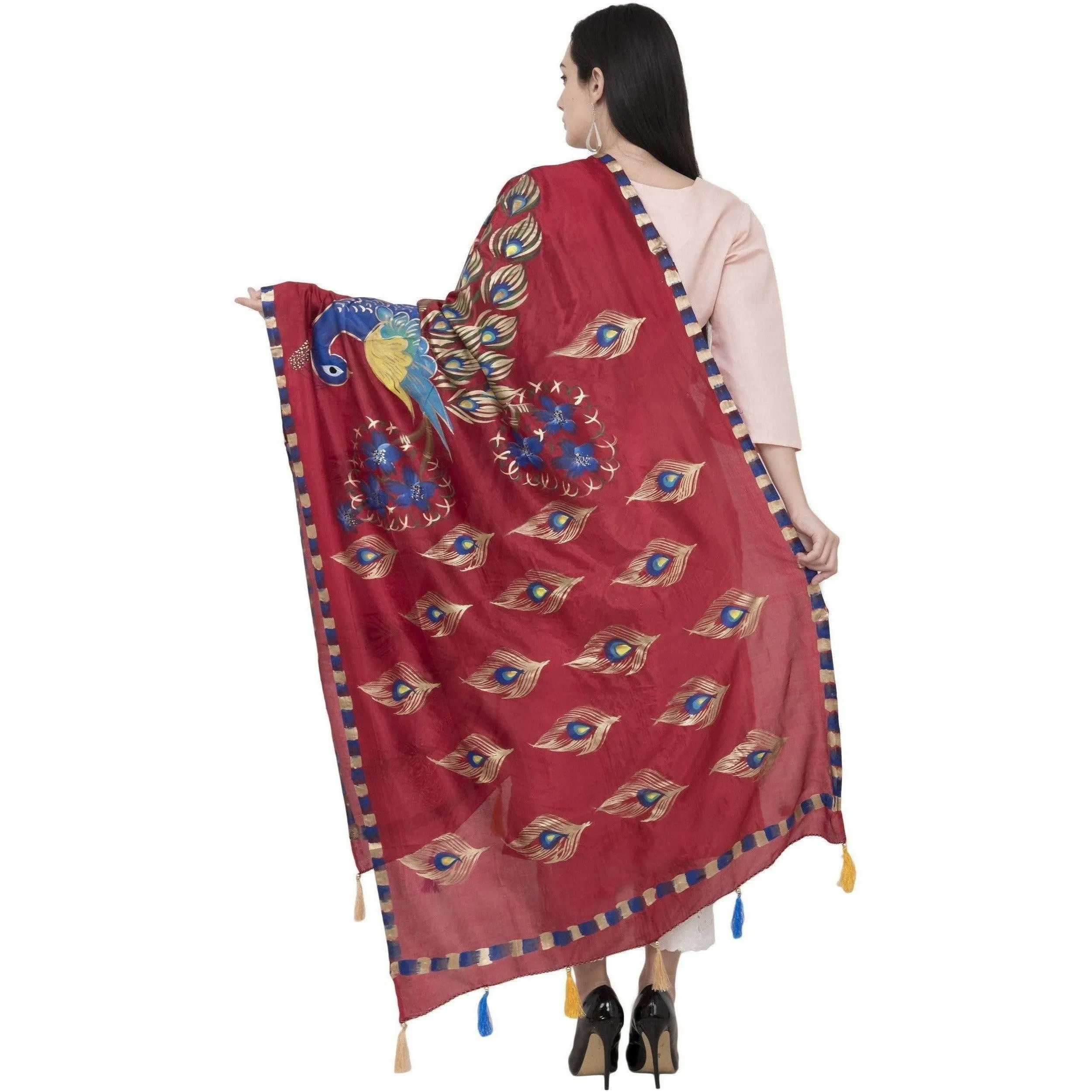 A R Silk Silk Peacock Multi Fancy Dupatta Color Mehroon Dupatta or Chunni