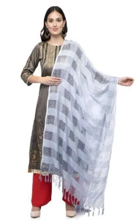 A R Silk Women's Cotton Window Check Silver Grey Regular Dupatta