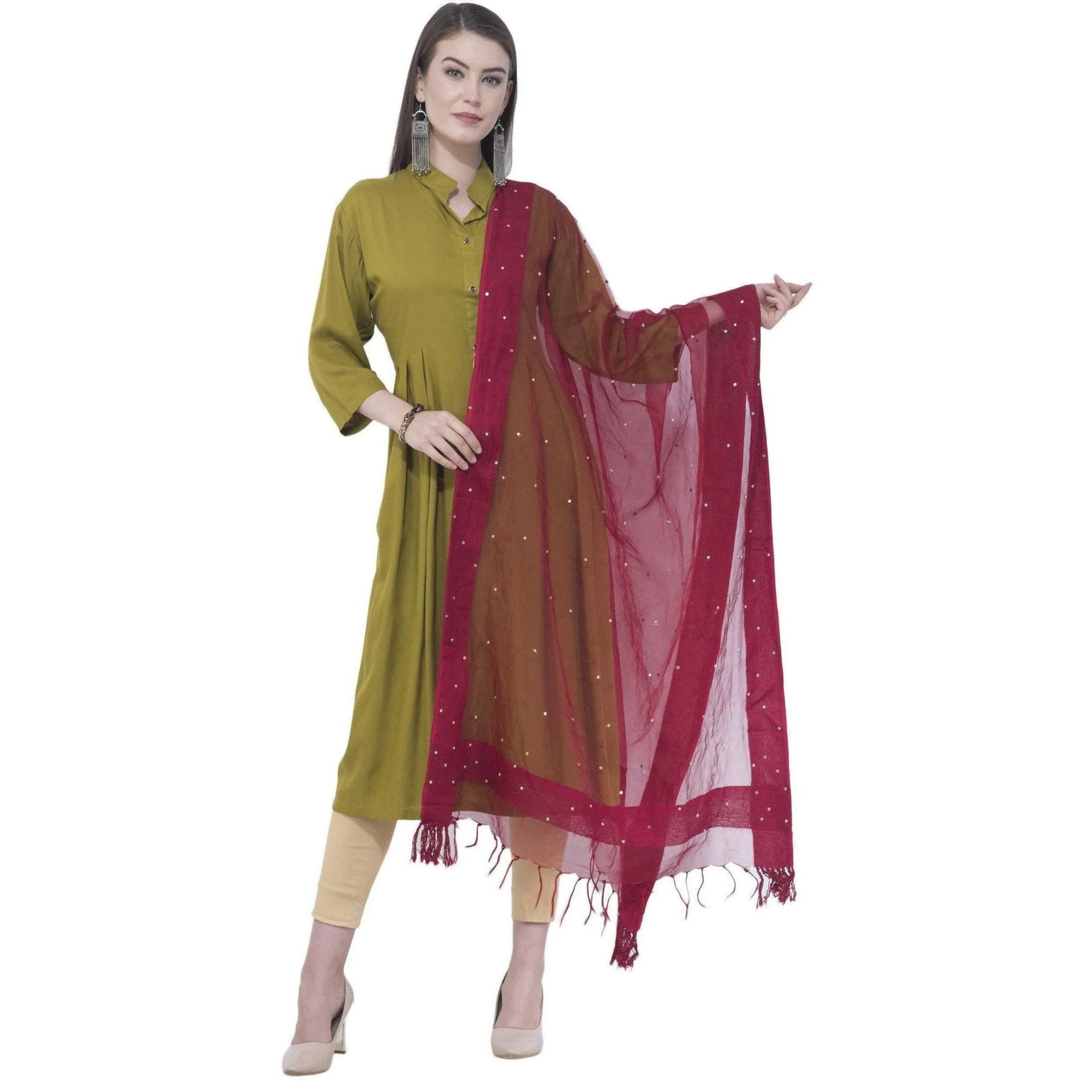 A R Silk Women's Stone Work Orgenza Cotton Mehroon Dupattas and Chunnis