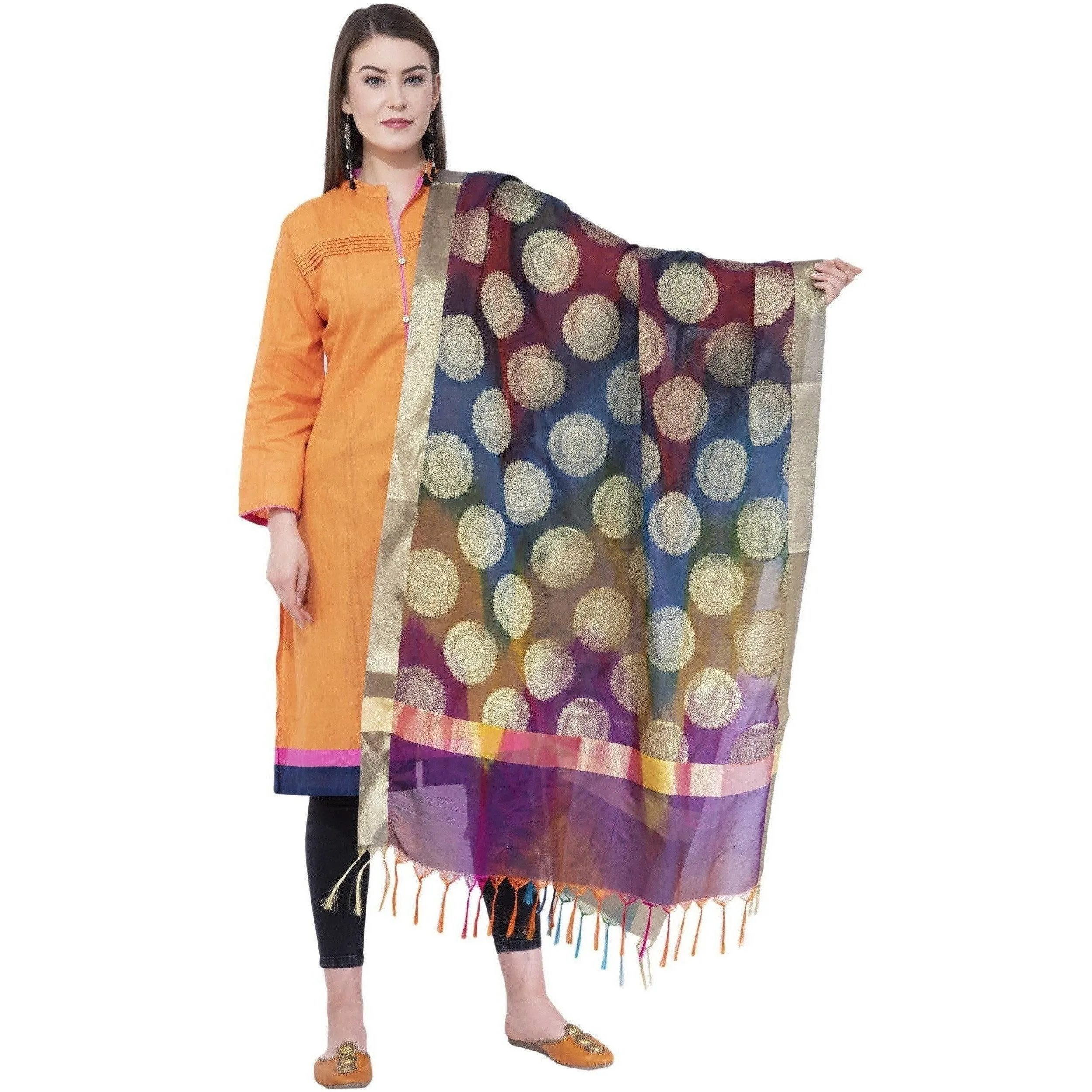 A R Silk Women's Zari Embroidery With Rainbow Colour Vanarsi Silk Rainbow Multi Dupattas aMulti Colourd Chunnis