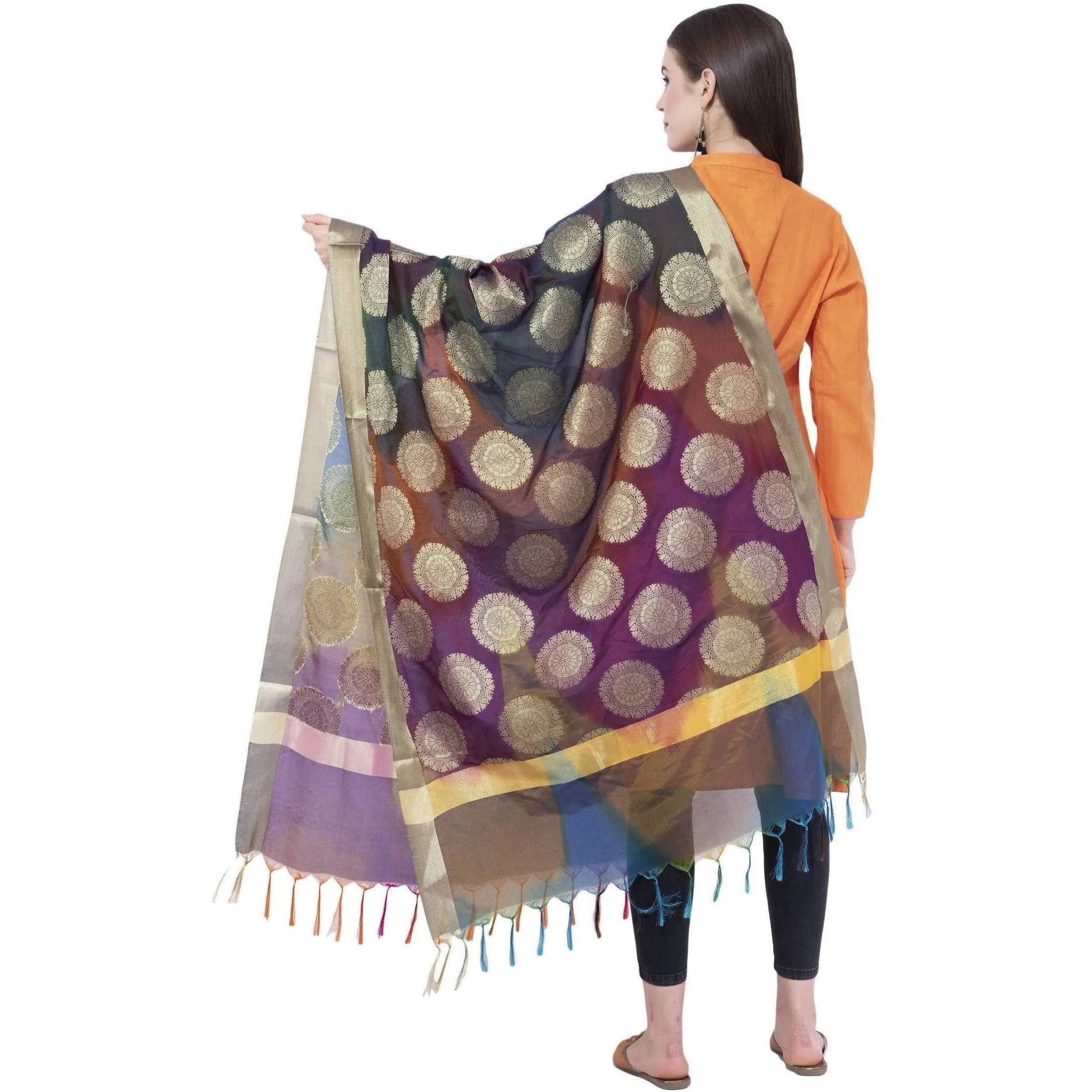 A R Silk Women's Zari Embroidery With Rainbow Colour Vanarsi Silk Rainbow Multi Dupattas aMulti Colourd Chunnis