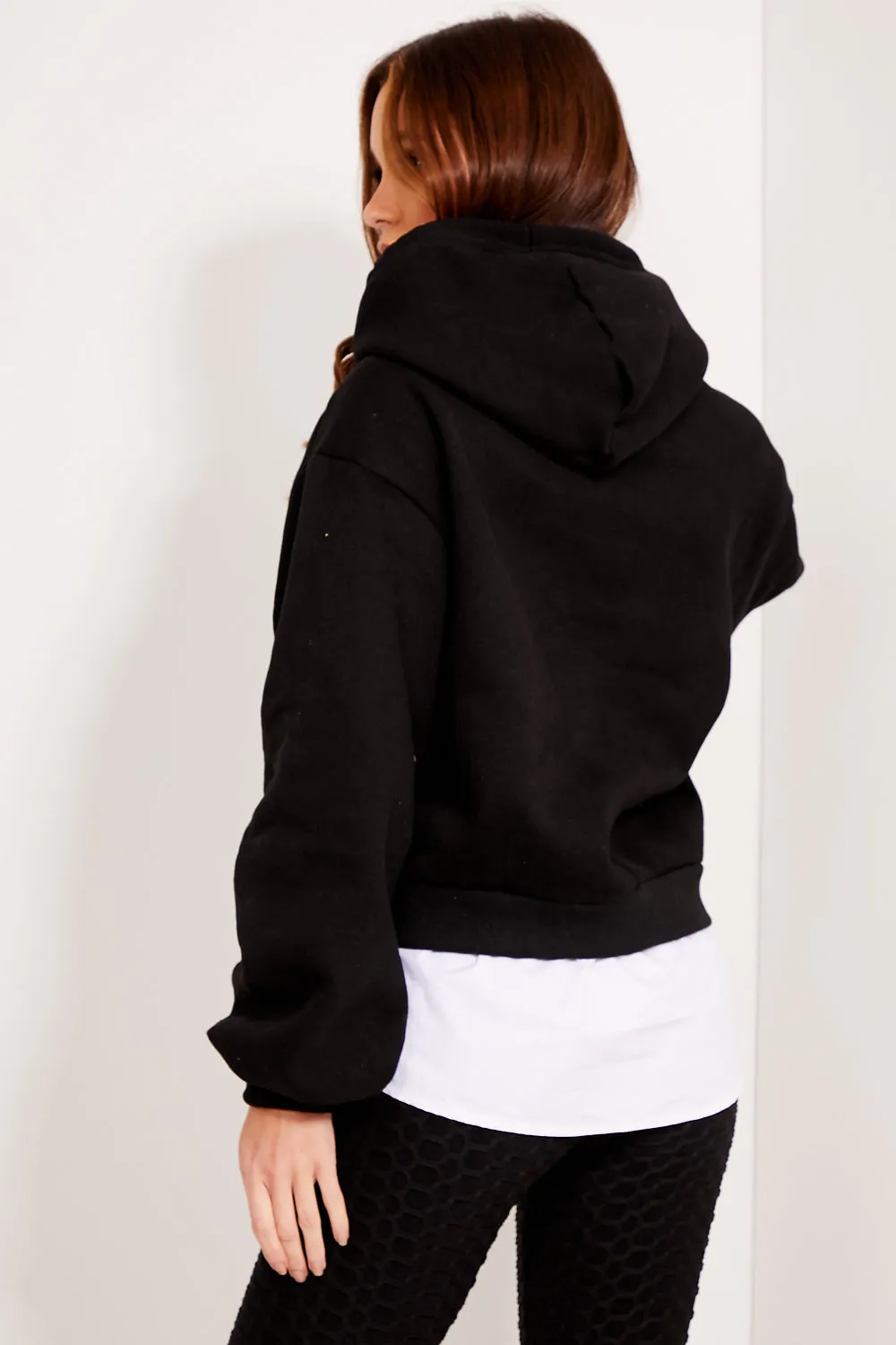 Annie Black Shirt Insert Hem Ruched Oversized Hoodie