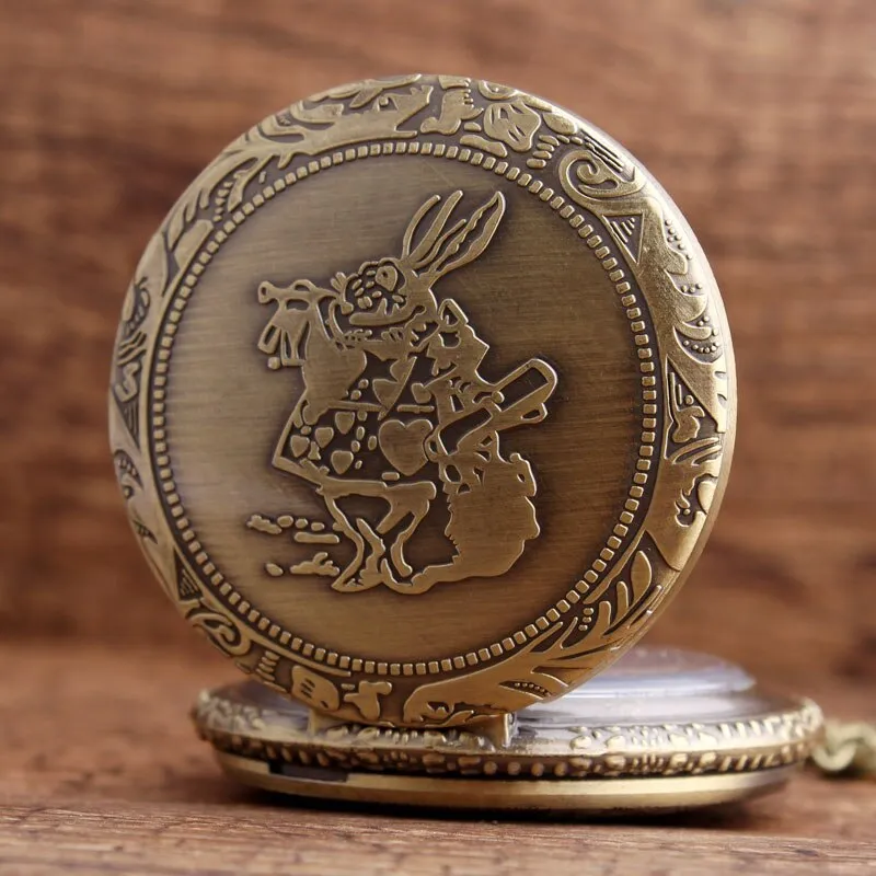 Antique Unisex Bronze Alice In The Wonderful World Rabbit Girl Pocket Watch