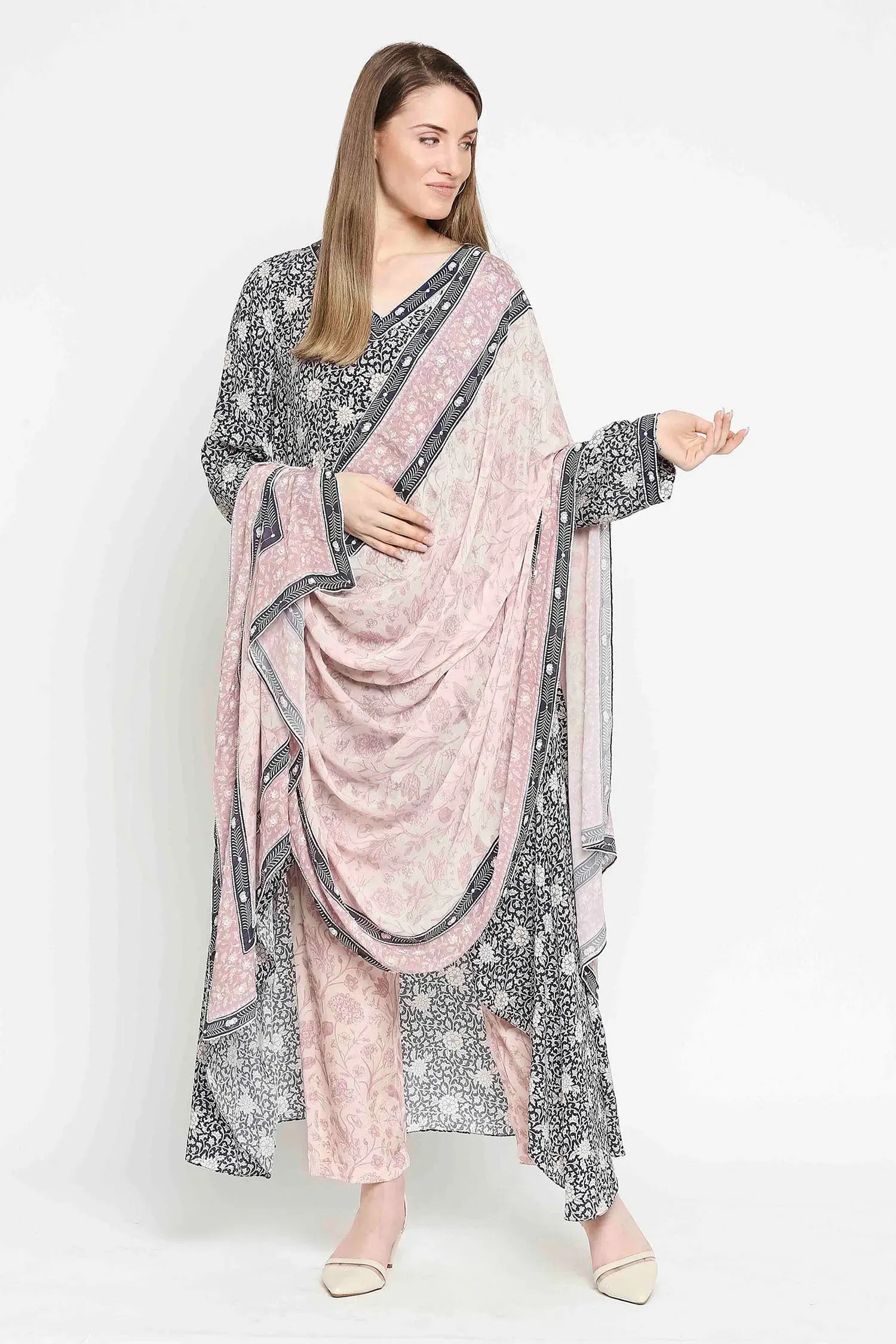 Asymmetrical Floral Crepe Kurta