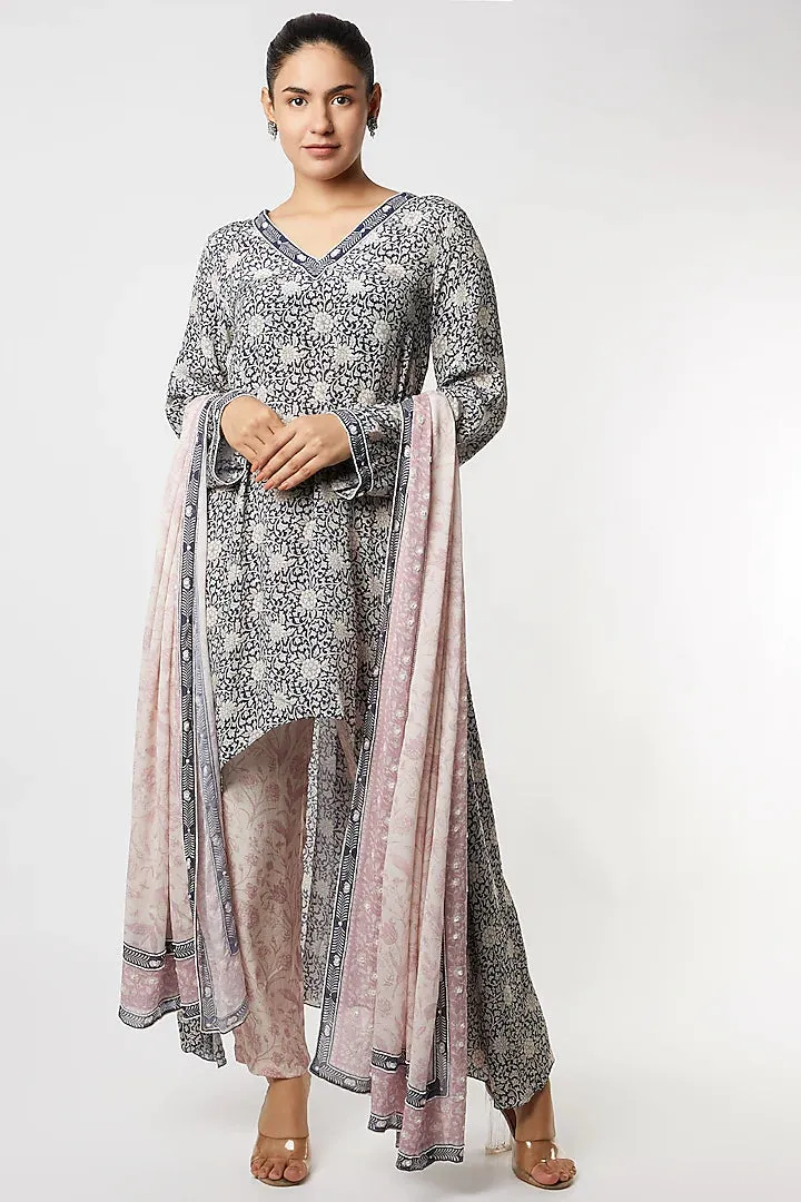 Asymmetrical Floral Crepe Kurta