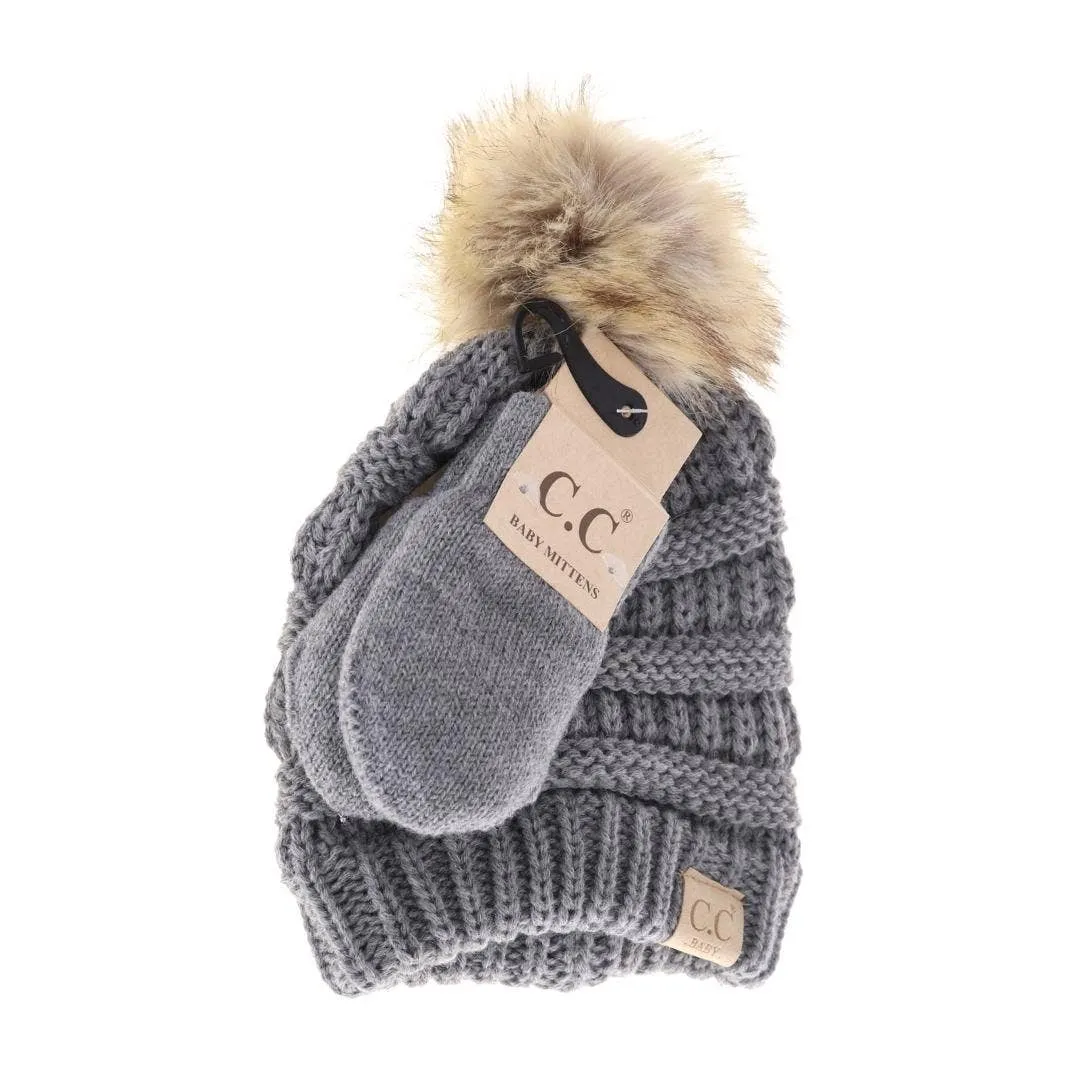 BABY Solid Knit Faux Fur Pom C.C Beanie with Mitten SET