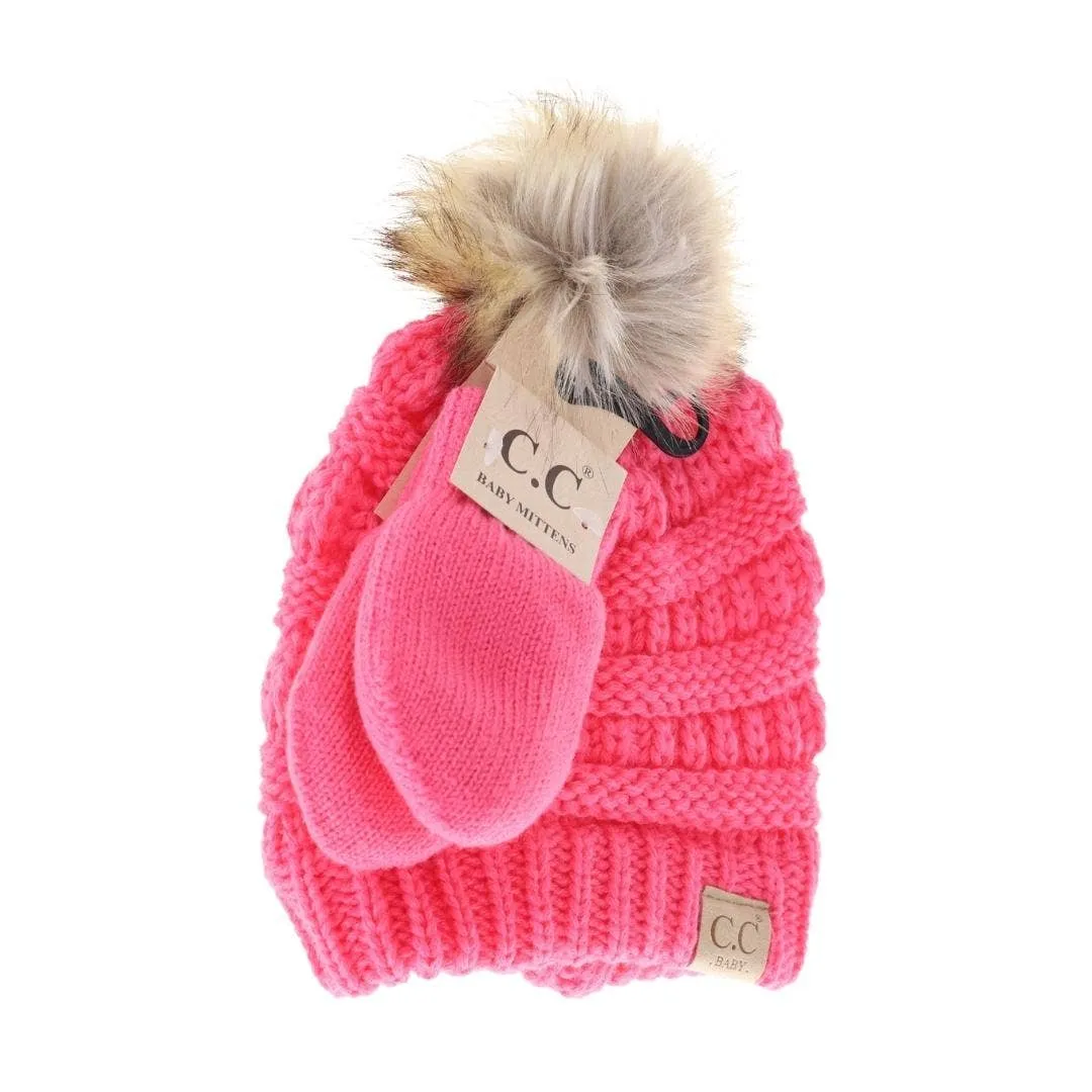 BABY Solid Knit Faux Fur Pom C.C Beanie with Mitten SET