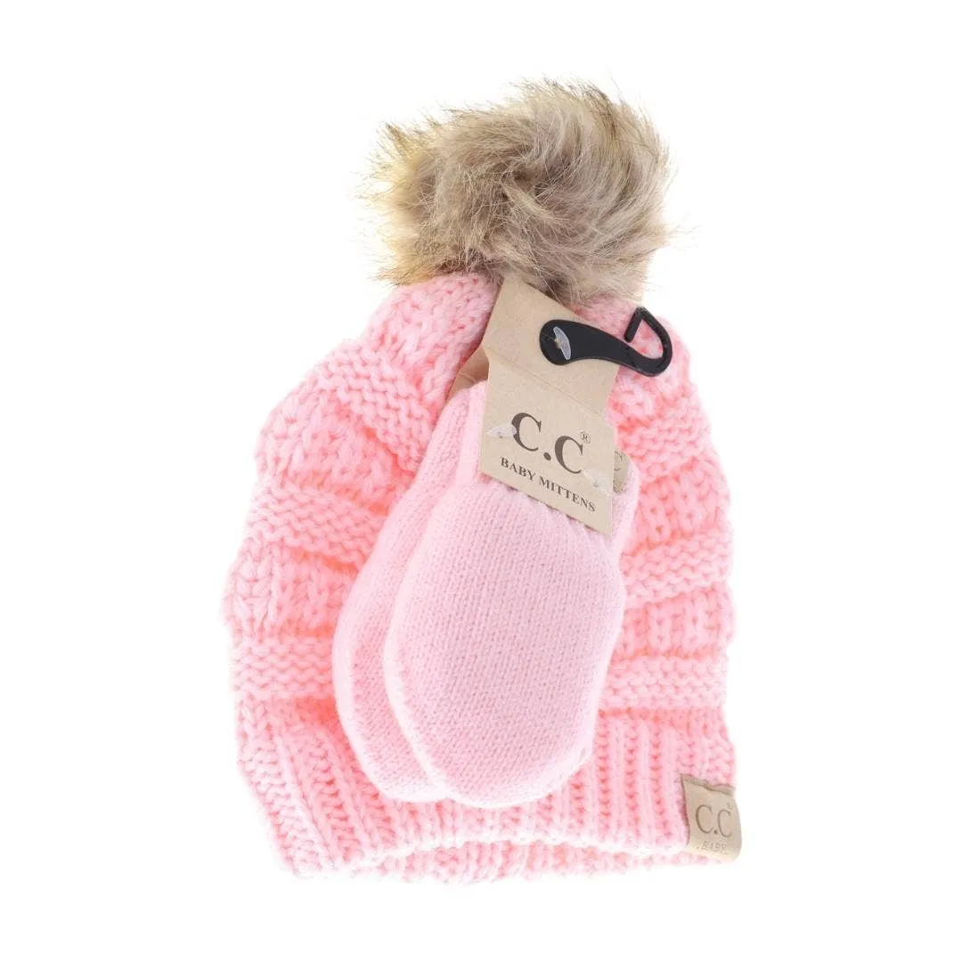 BABY Solid Knit Faux Fur Pom C.C Beanie with Mitten SET