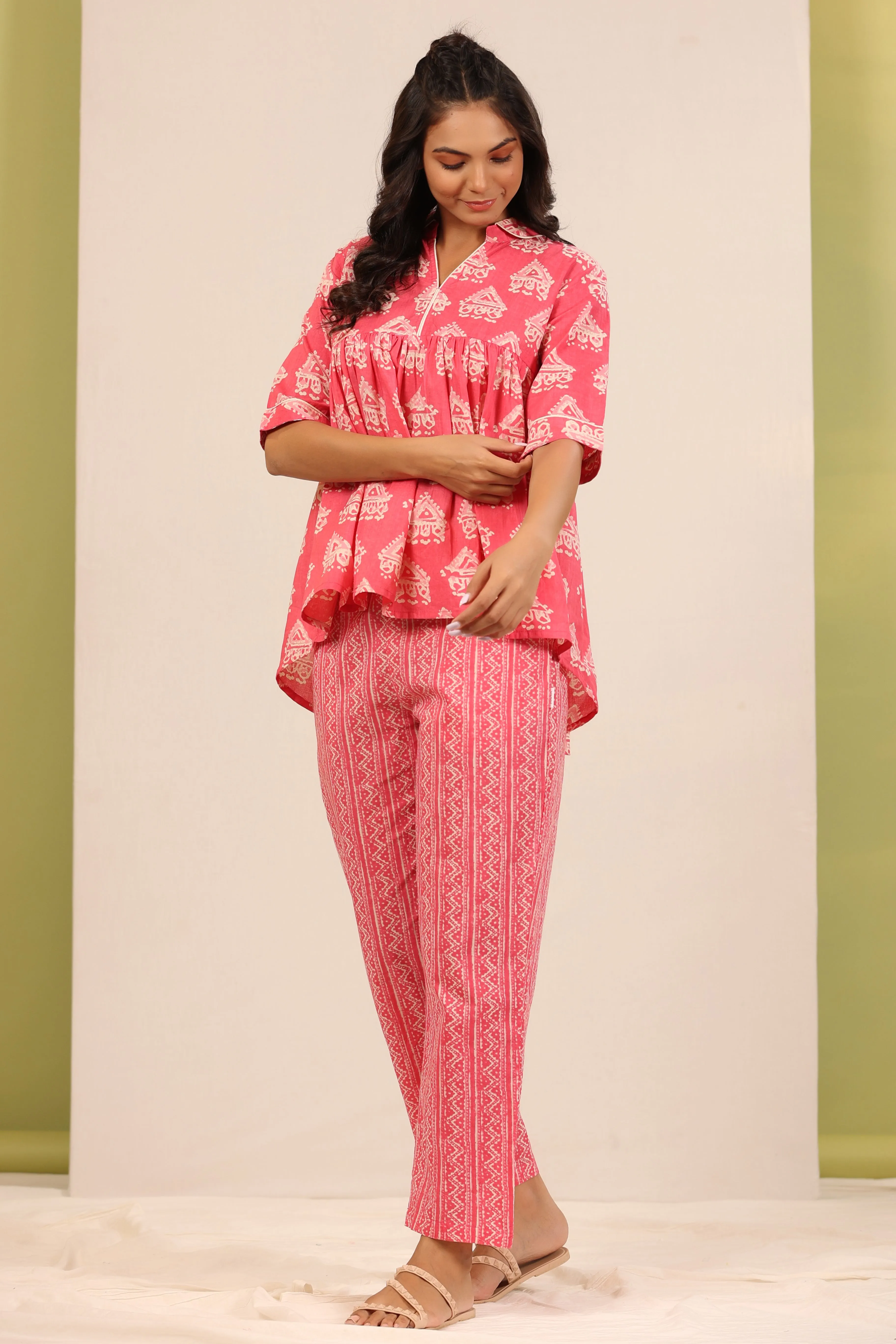 Bagru Batik Print on Pink Peplum Top Set