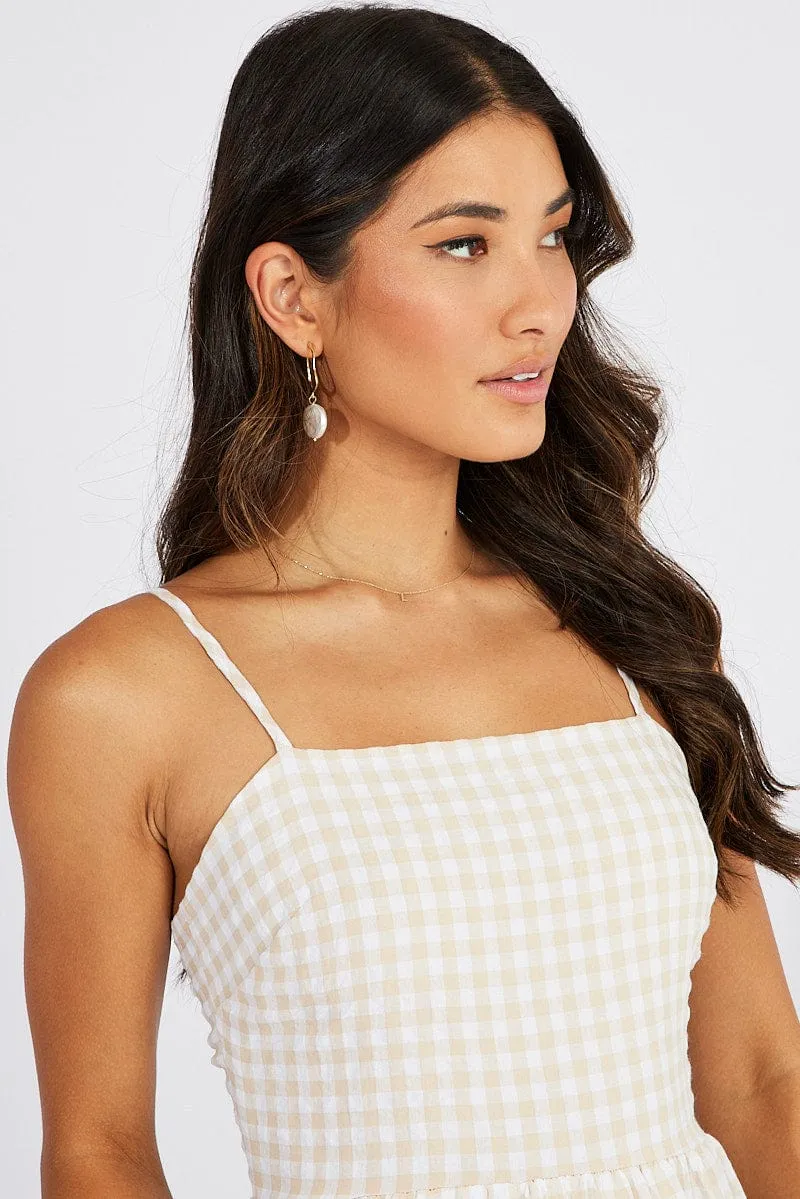 Beige Check Midi Dress Sleeveless Tie Back