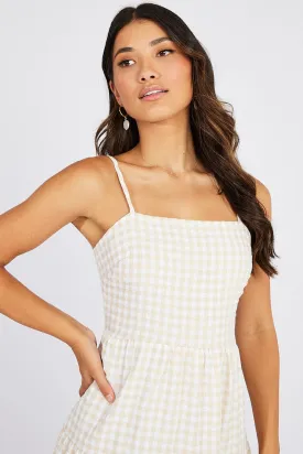 Beige Check Midi Dress Sleeveless Tie Back