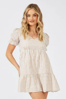 Beige Check Smock Dress Short Sleeve Tiered