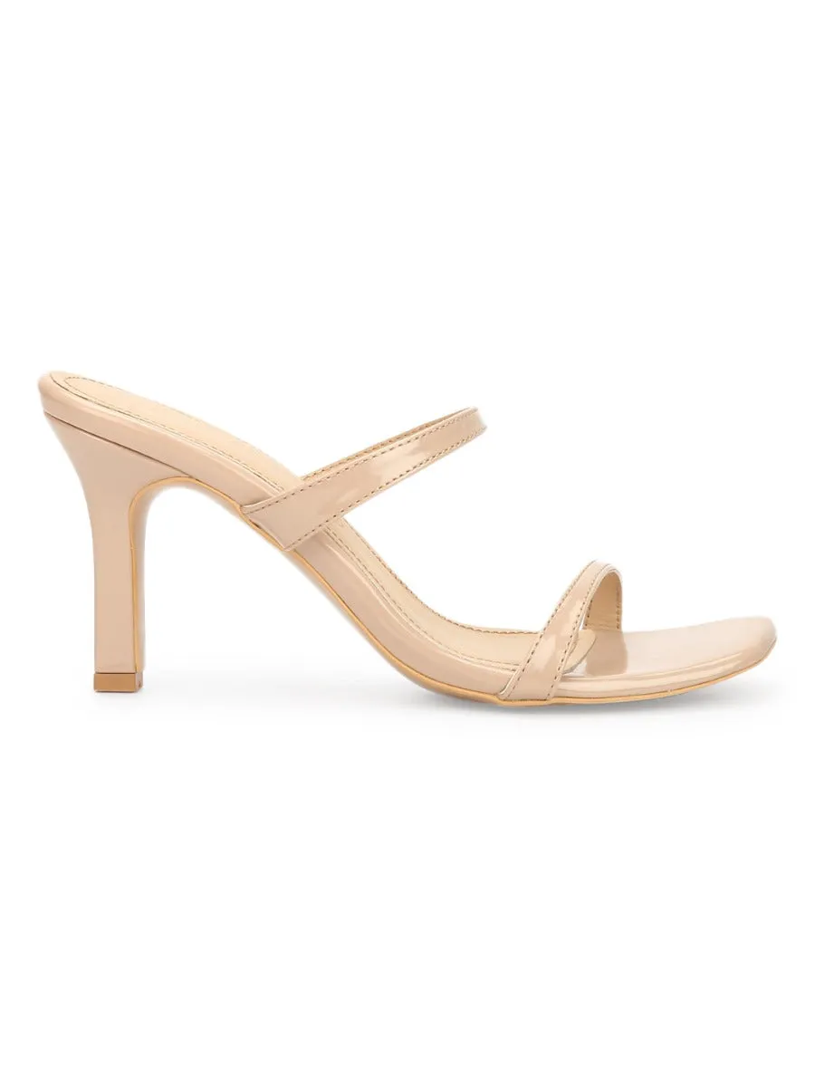 Beige Patent Slim Strap High Heel Mules