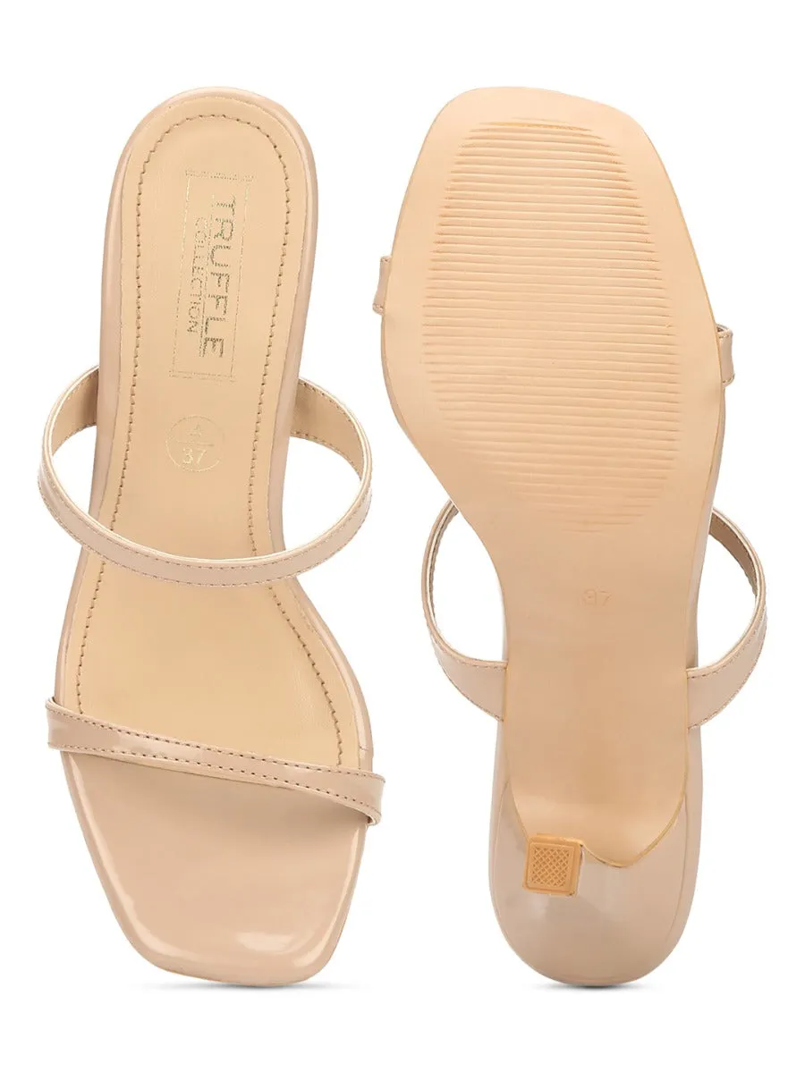 Beige Patent Slim Strap High Heel Mules