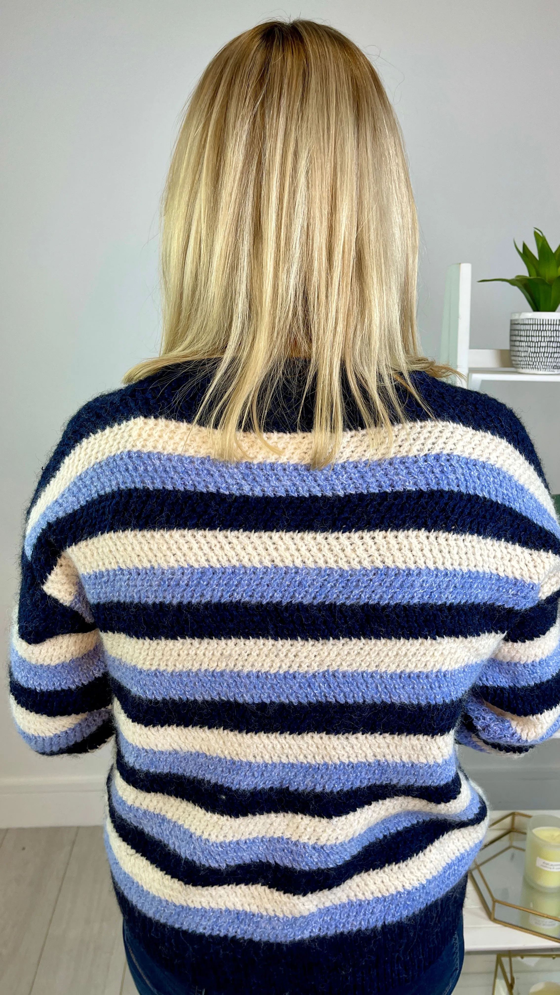 Bernie - Navy Stripe V Neck Knitwear