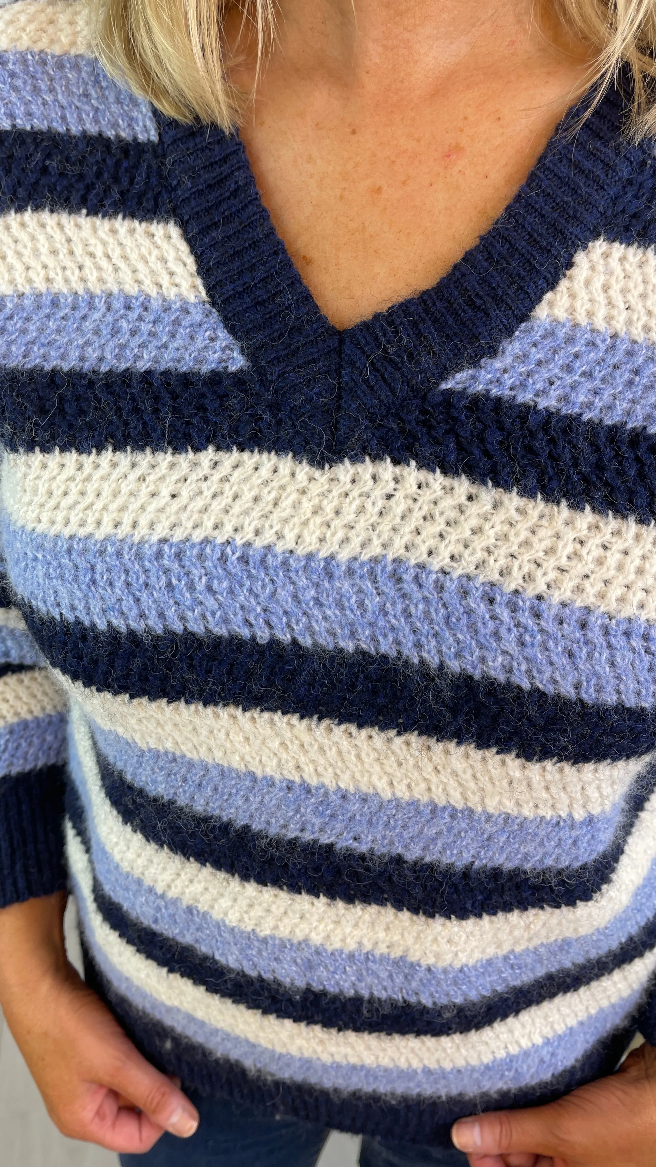 Bernie - Navy Stripe V Neck Knitwear