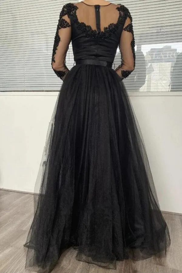 Black A-Line Long Sleeves Tulle Lace Long Prom Dress Evening Gowns,DP1602