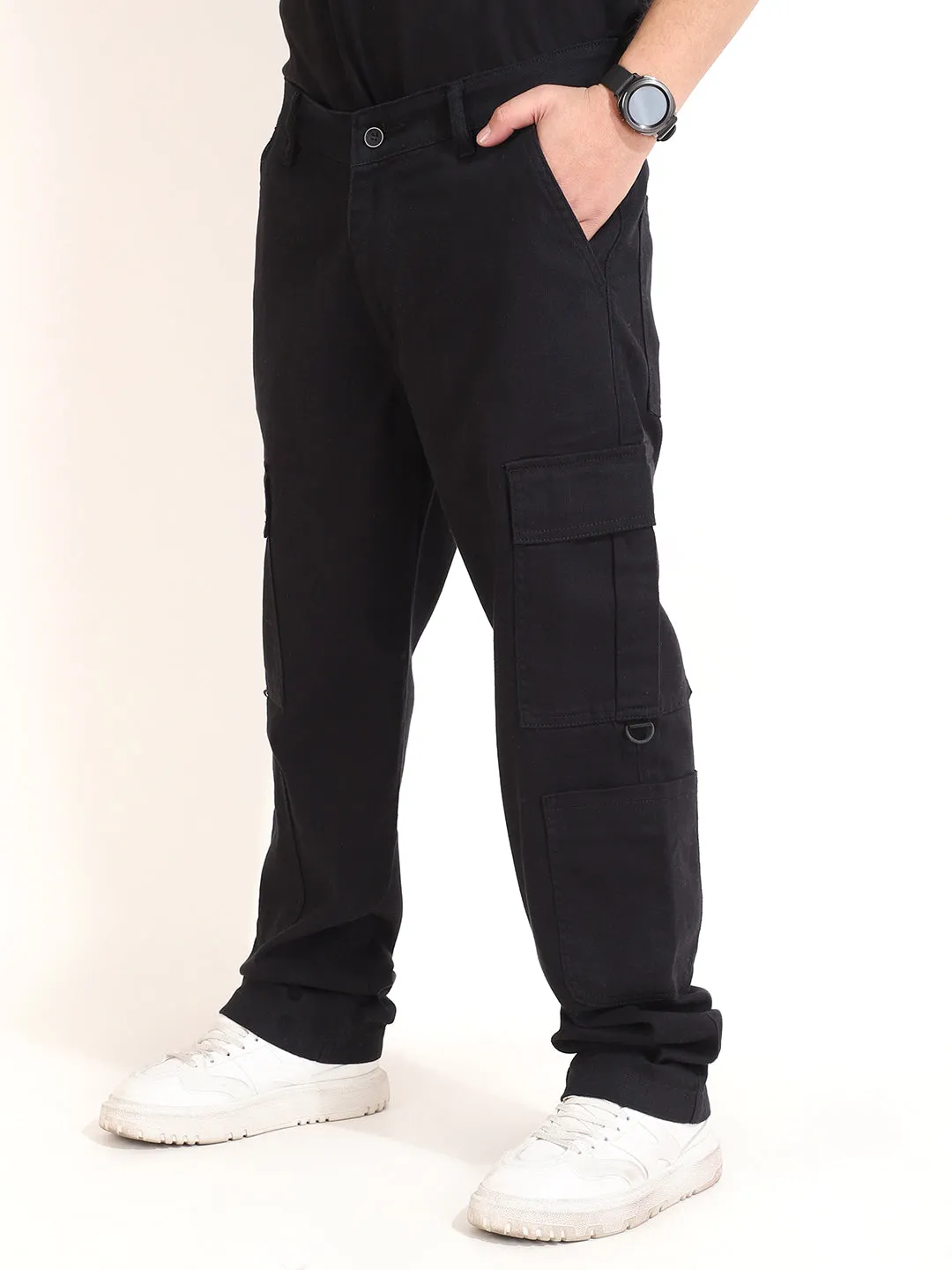 Black Baggy Fit 8 Pocket Drill Cargo