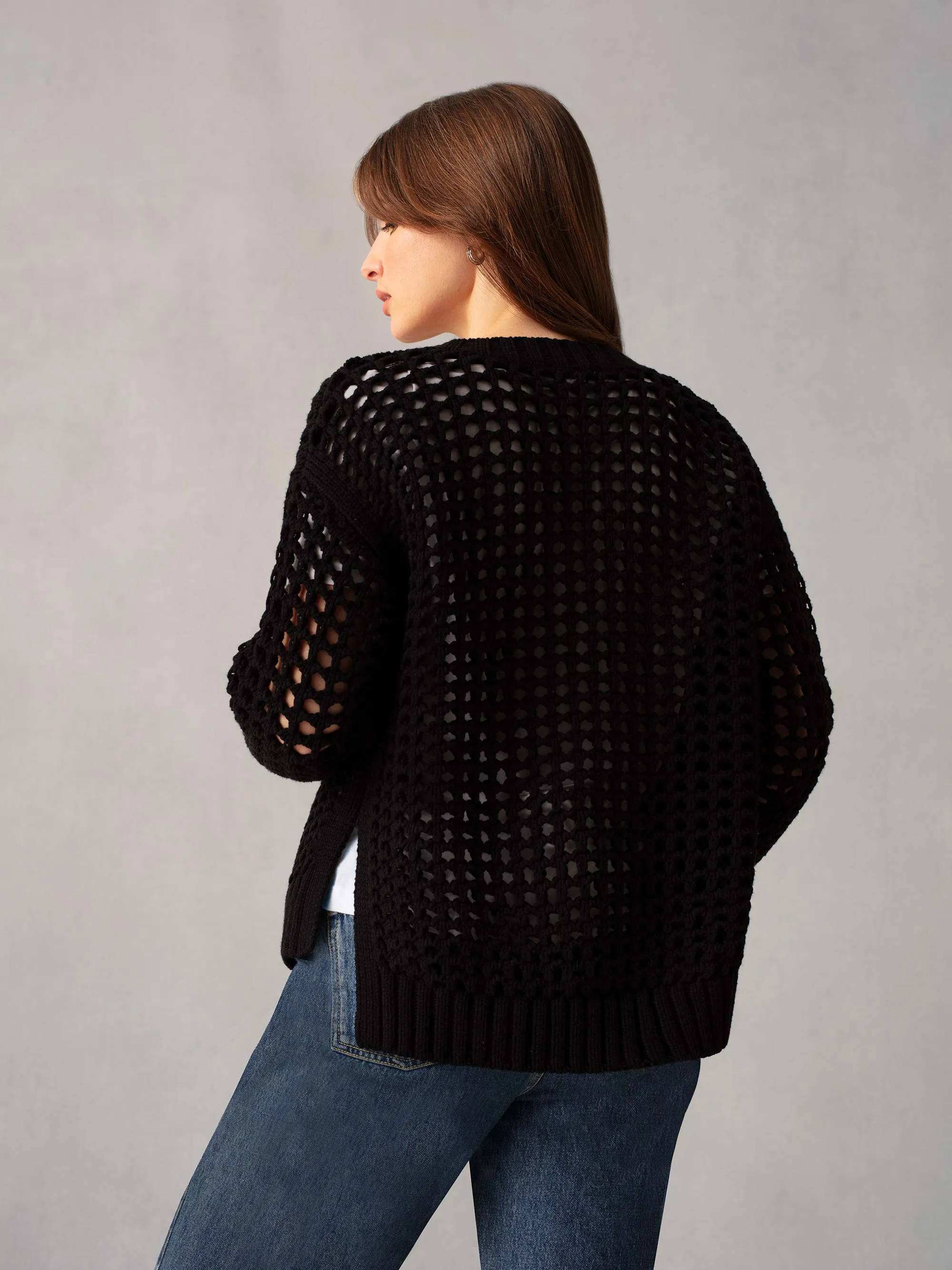 Black Crochet Knit Cardigan