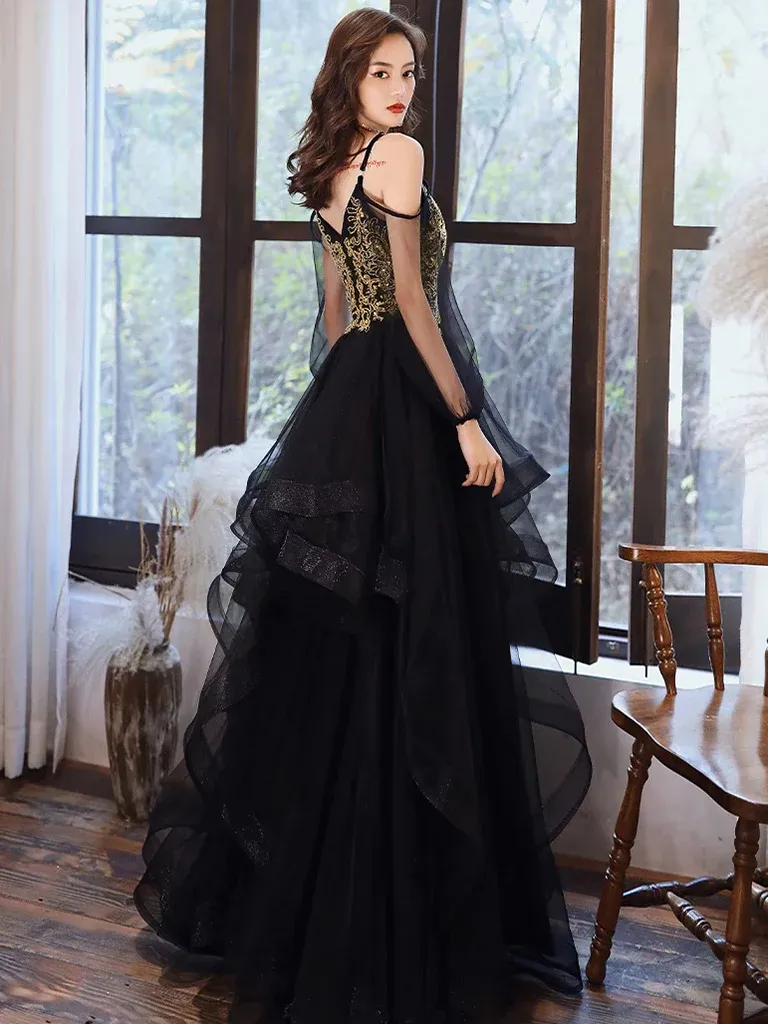 Black Long Sleeves Tulle Long Prom Dress with Gold Appliques,DP1090