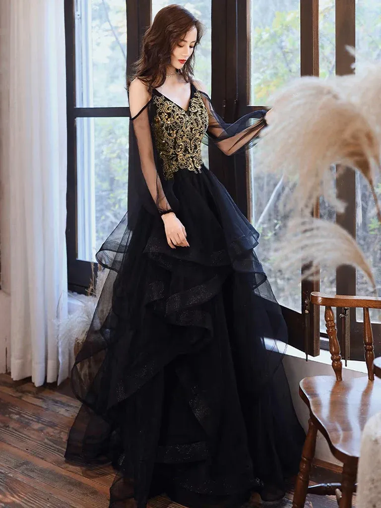 Black Long Sleeves Tulle Long Prom Dress with Gold Appliques,DP1090