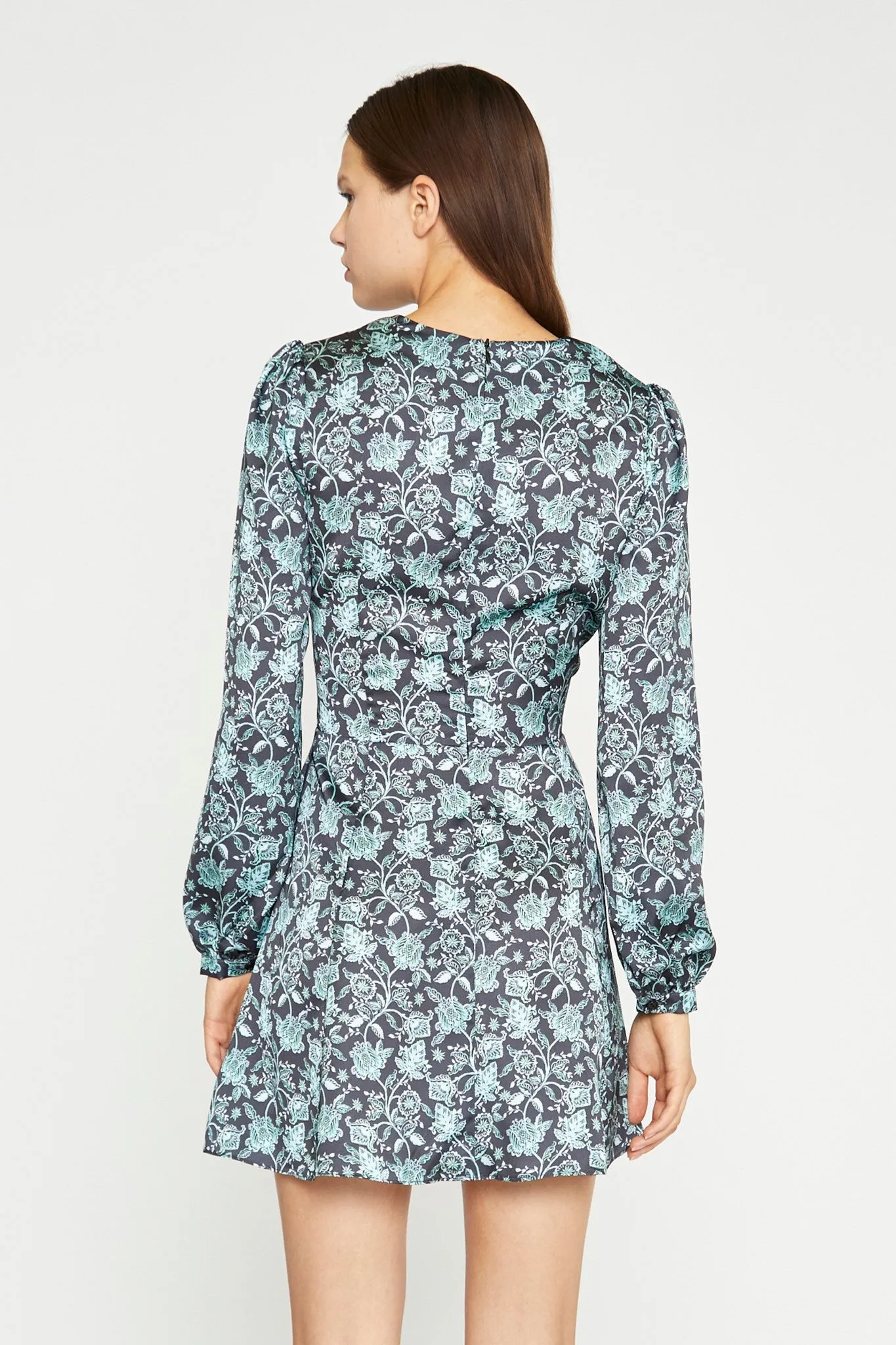 Black-Mint Paisley Satin Long Sleeve Tea Mini-Dress