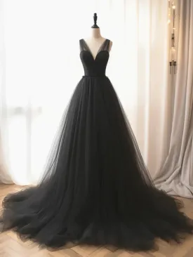 Black V Neck A-Line Tulle Formal Party Dress Evening Gown, DP2258