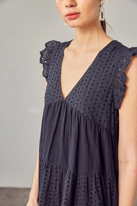 Black V-Neck Eyelet Mini Dress