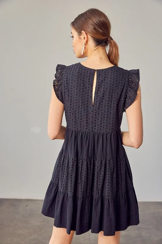 Black V-Neck Eyelet Mini Dress