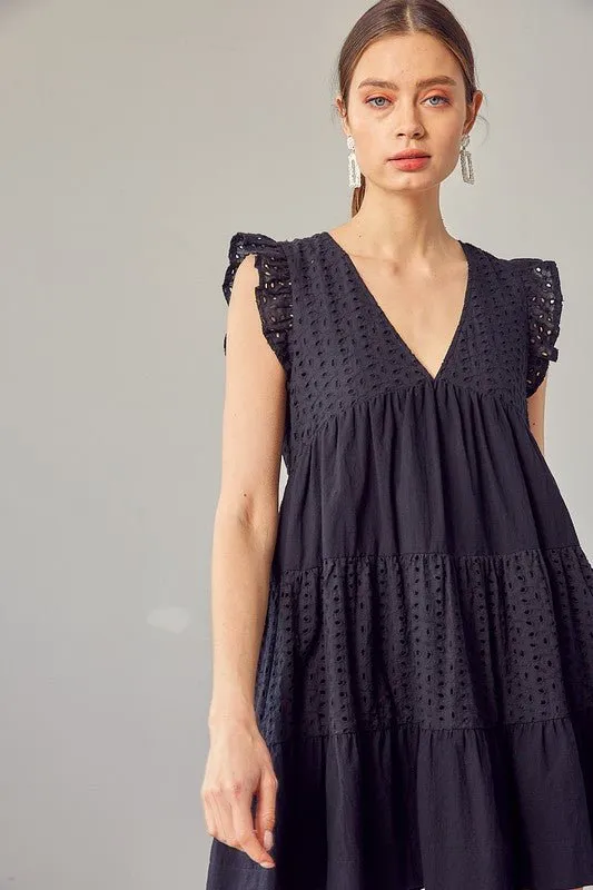 Black V-Neck Eyelet Mini Dress