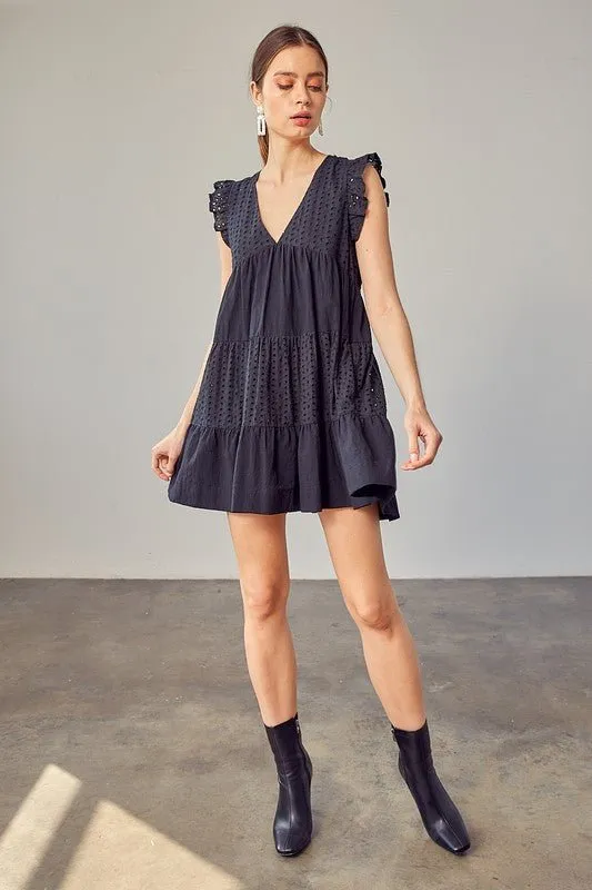 Black V-Neck Eyelet Mini Dress