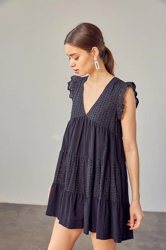 Black V-Neck Eyelet Mini Dress