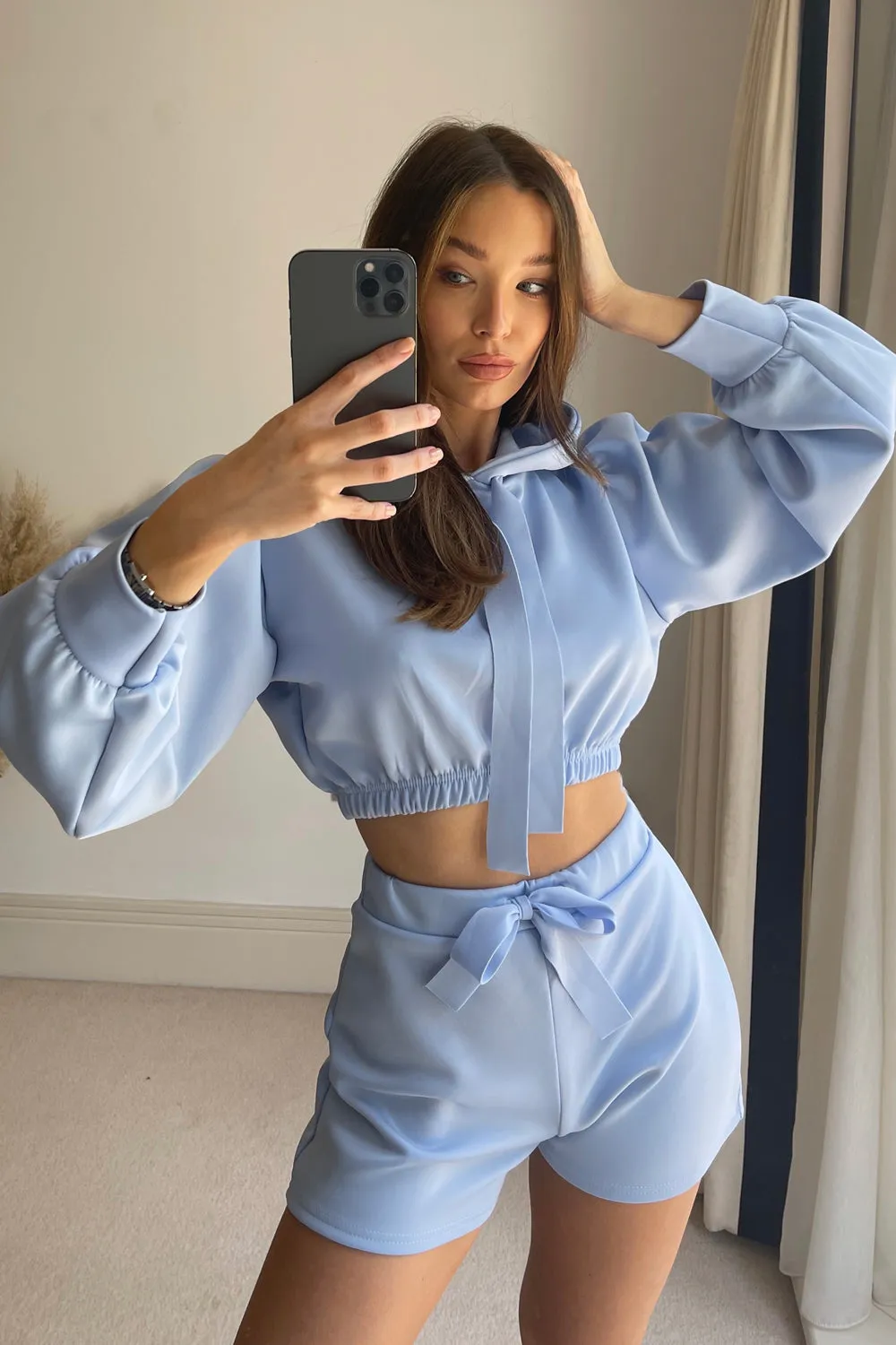 Blue Puff Sleeve Cropped Hoodie and Shorts Lounge Co-Ord Set