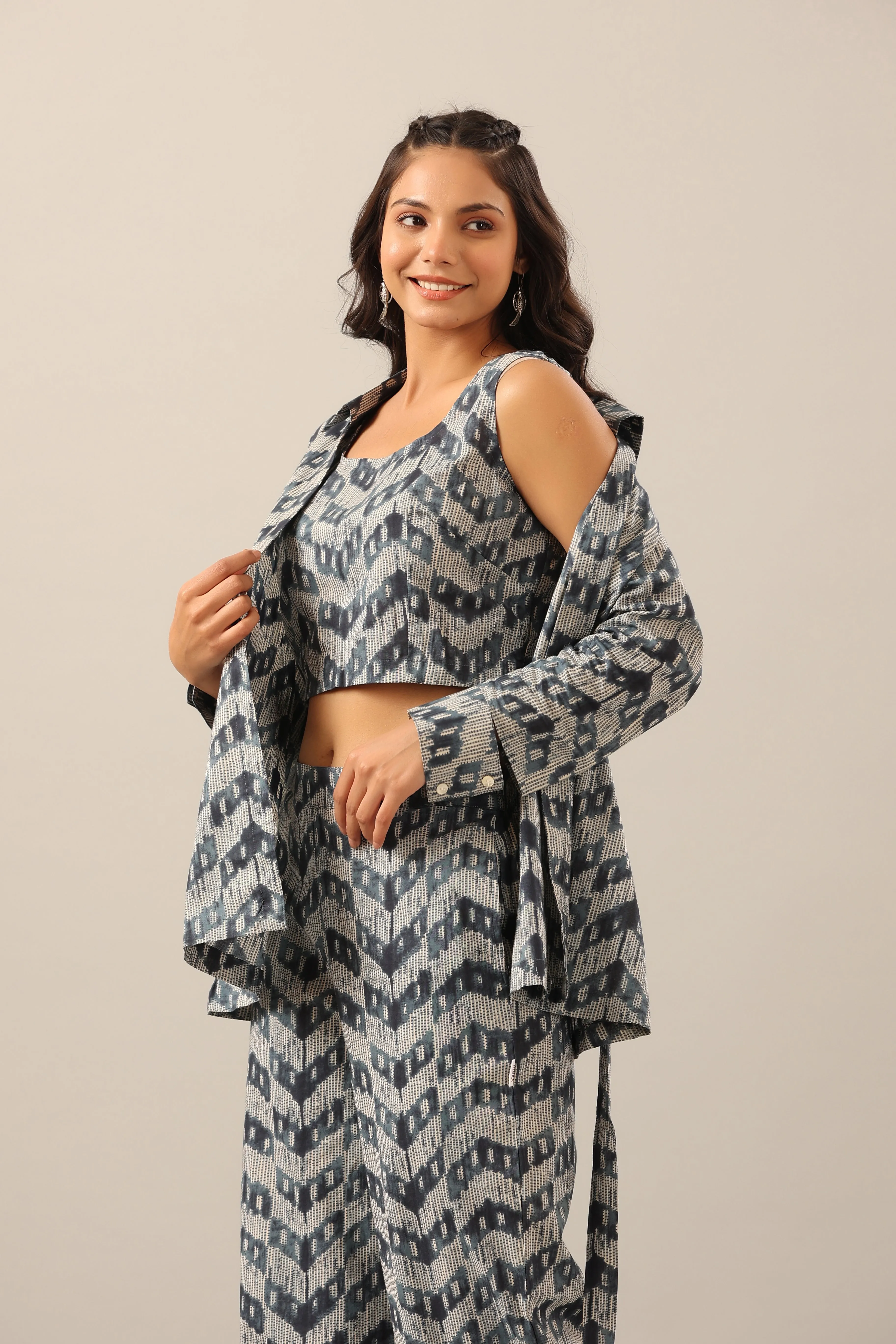 Blue Shibori on Cotton Three piece Shrug Set