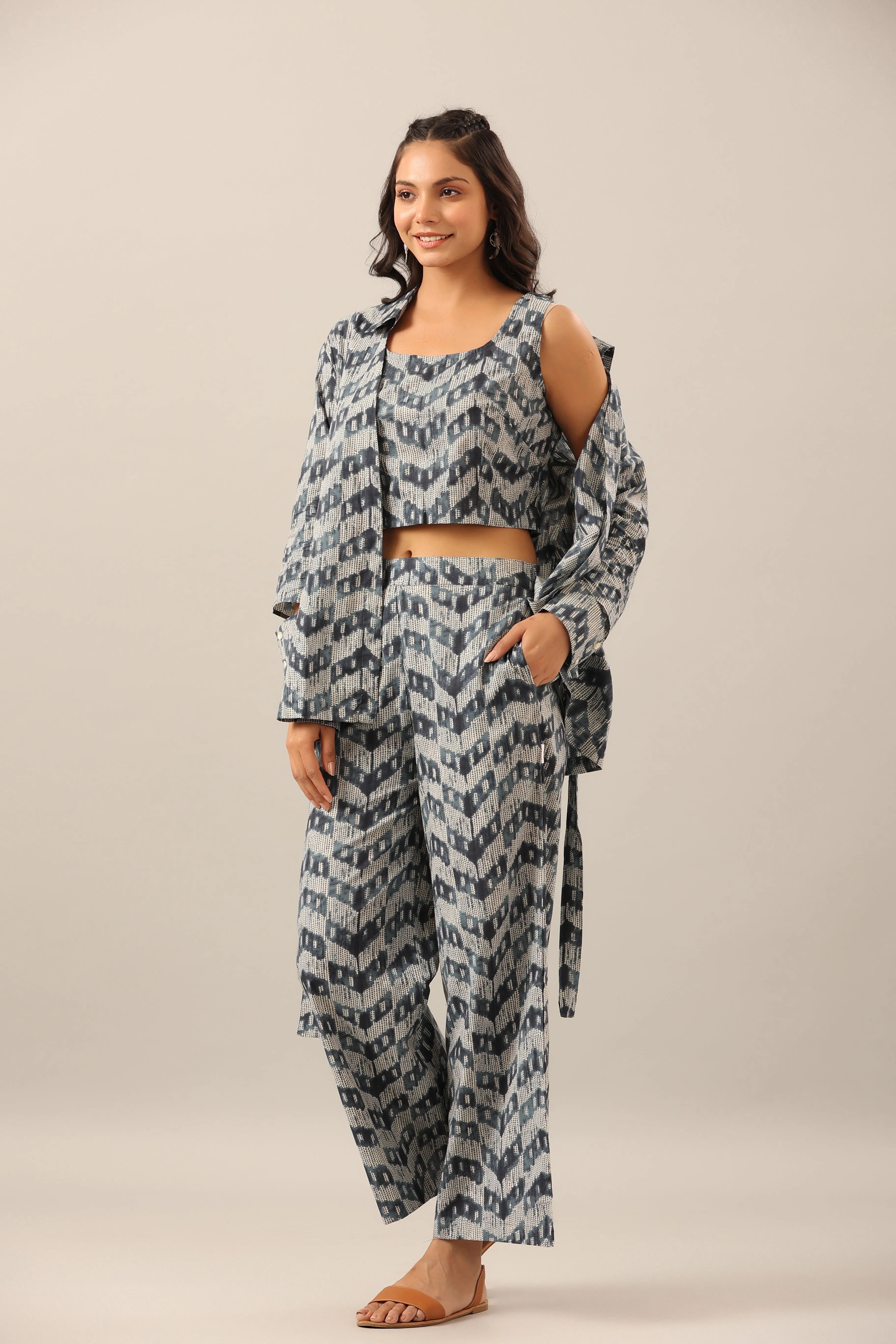 Blue Shibori on Cotton Three piece Shrug Set