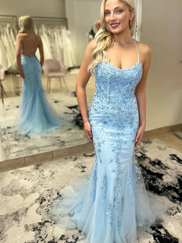 Blue Sleeveless Mermaid Lace Prom Dresses With Beaded,DP891