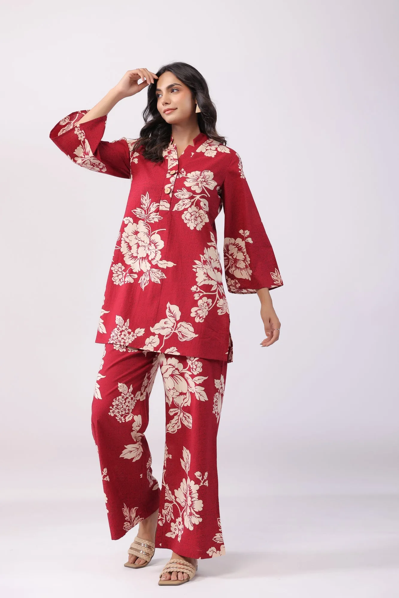 Bright Blossoming Maroon Cotton Co-ord Set