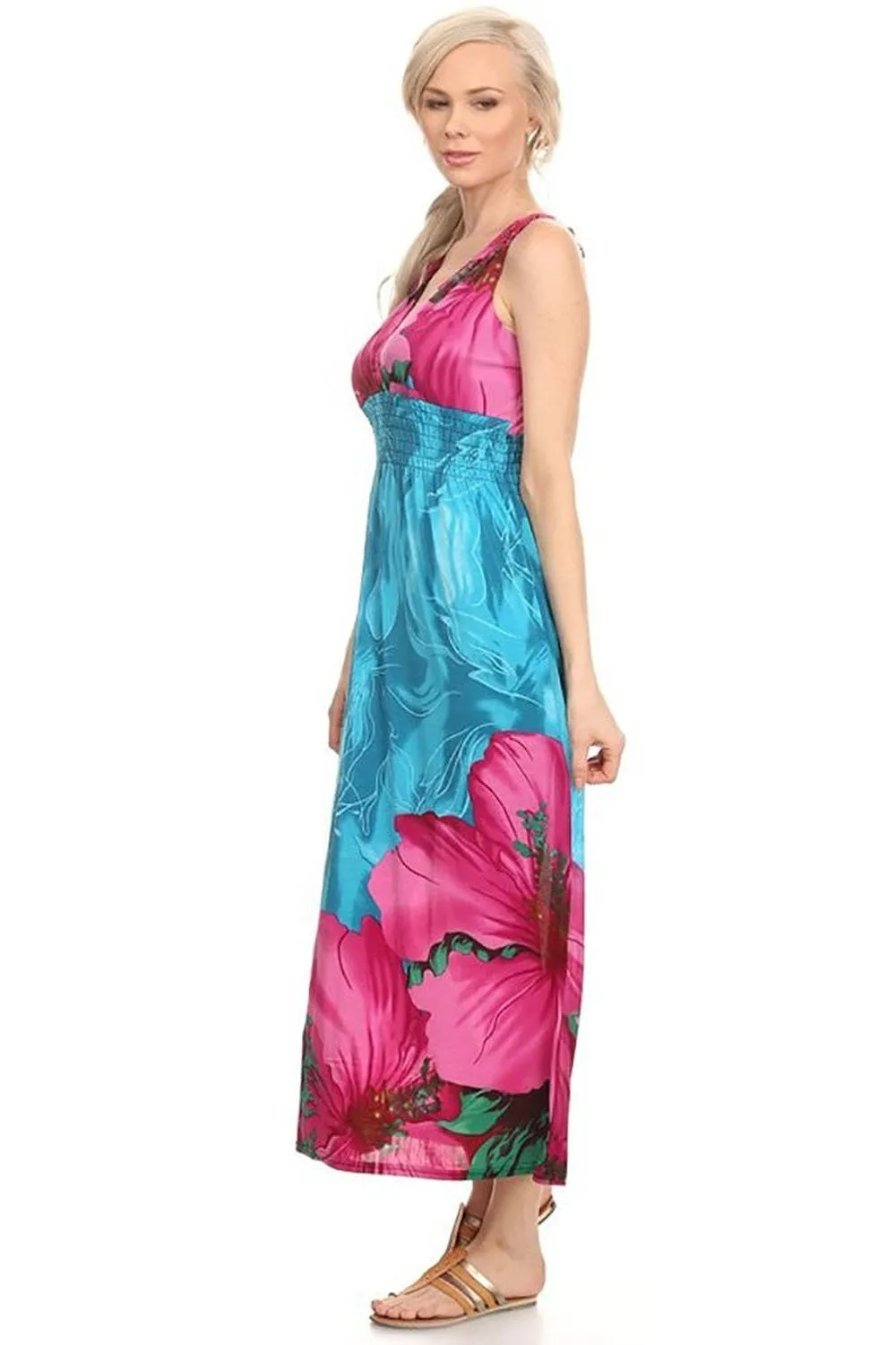 Bright Blue Fuchsia Floral Summer Vacation Maxi Dress