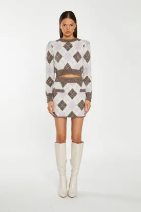 Brown Multi-Argyle Glitter Knit Mini-Skirt