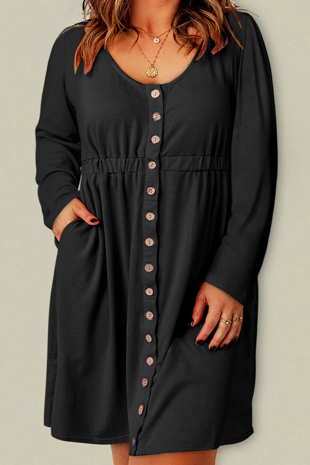 Button Front Elastic Waist Long Sleeve Dress