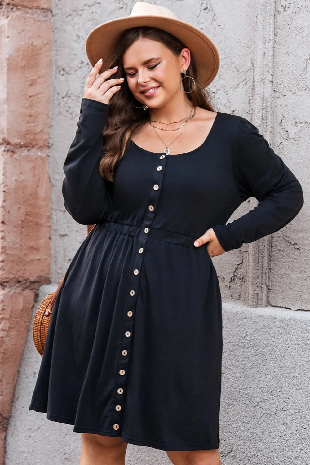 Button Front Elastic Waist Long Sleeve Dress