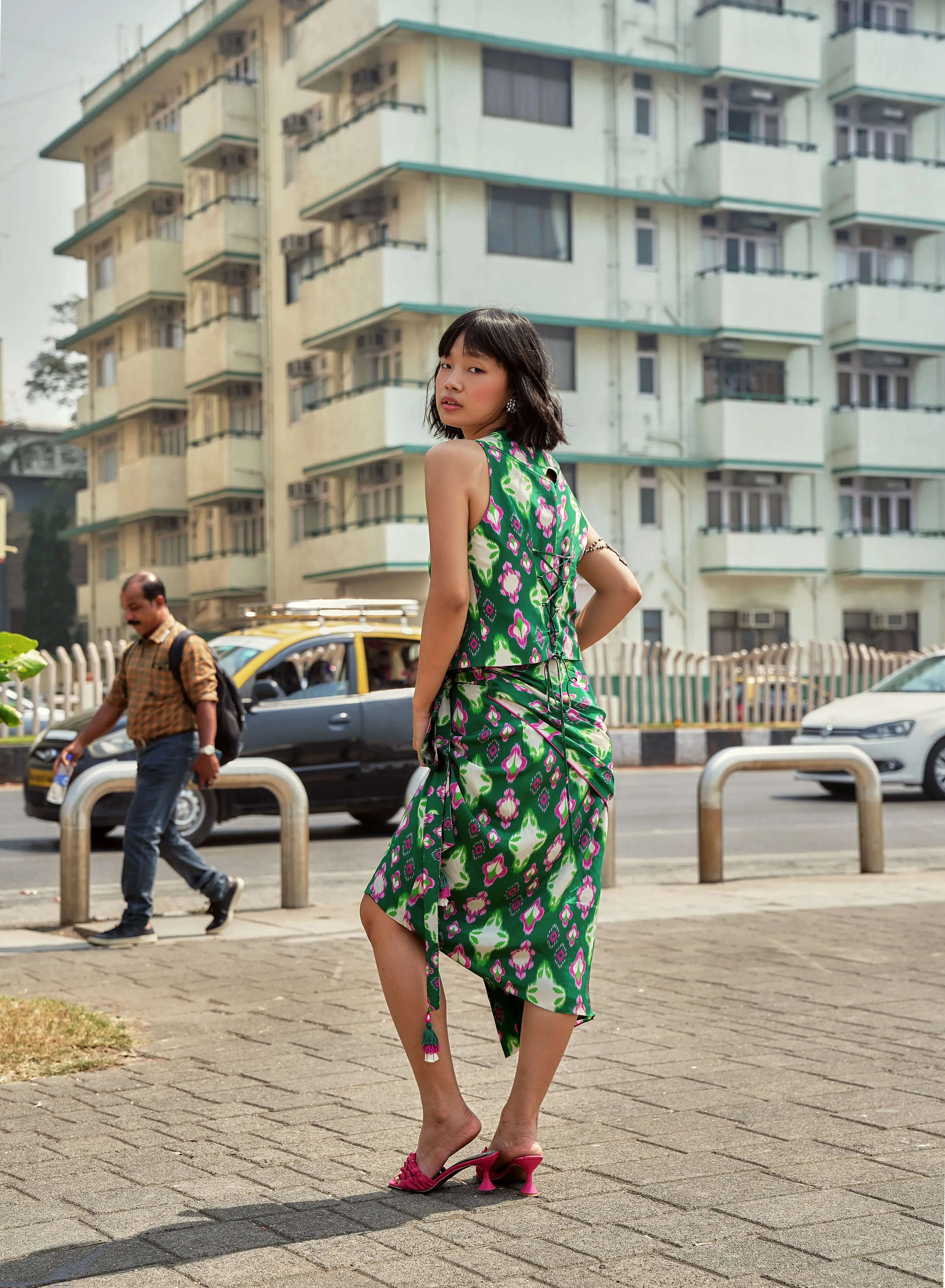 CAFE GREEN IKAT BANDANA WRAP SKIRT