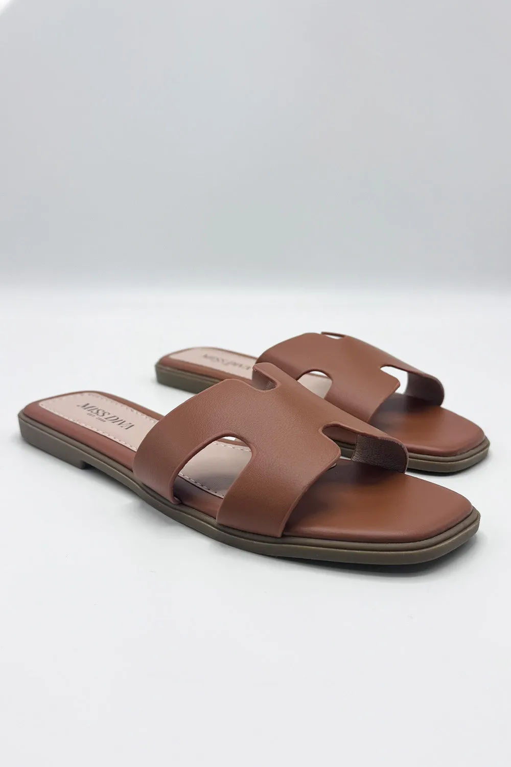 California Faux Leather Open Toe Flat Slider in Tan Matt