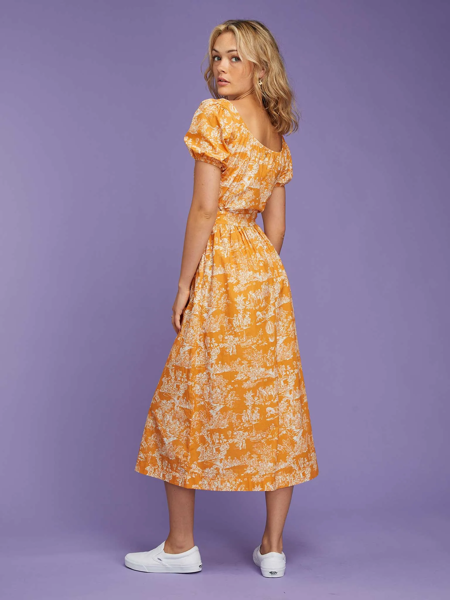 Camellia Midi Dress in Orange Toile