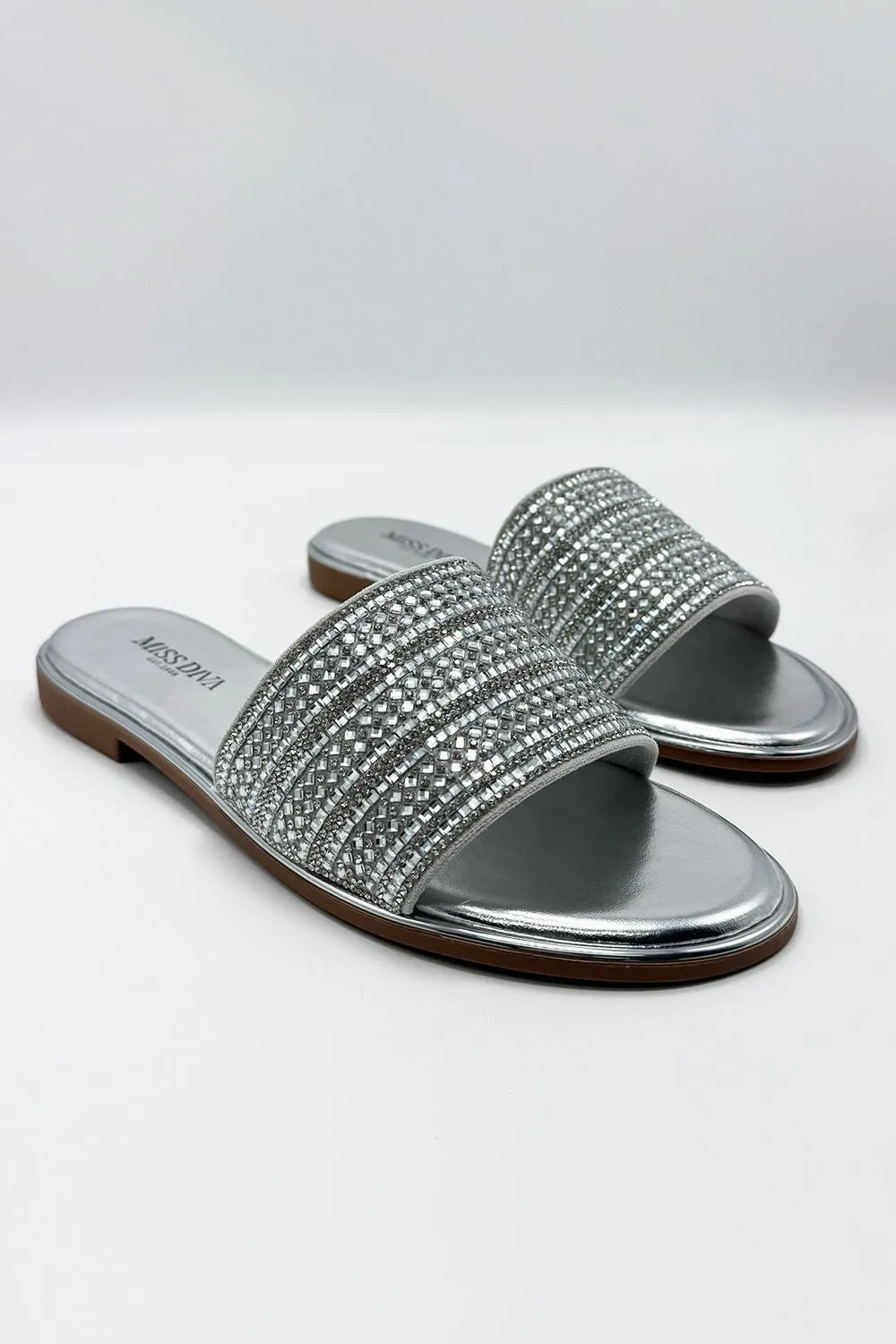 Camille Diamante Embellished Strap Sliders in Silver